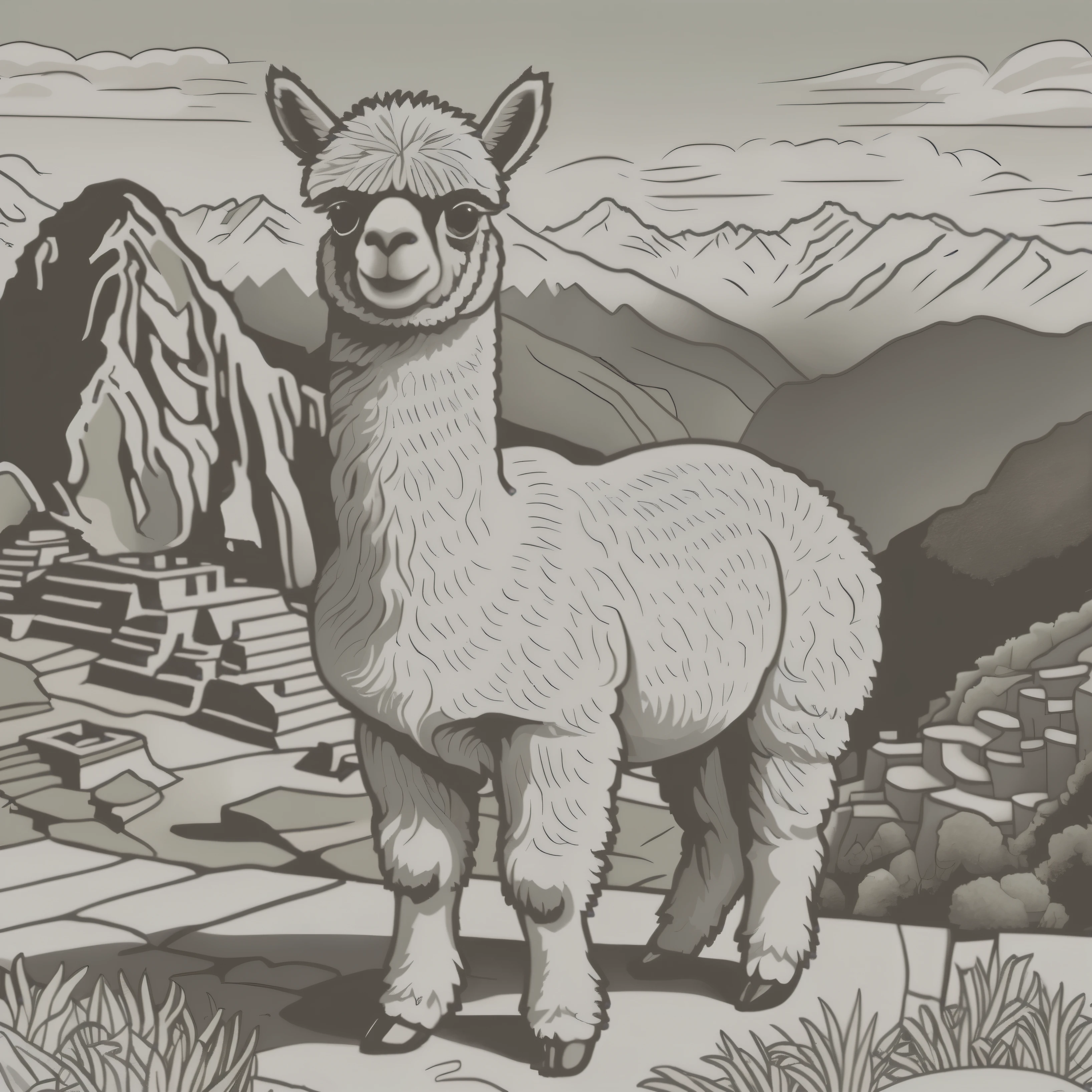 Highly detailed drawing, hyper-detailed 8K drawing of an adorable alpaca, with its 2 beautiful eyes visible, it stands proudly, its whole body visible, in the middle of the breathtaking landscape of Machu Picchu, with green hills with no color, majestic mountains, and ancient ruins in its background, in a high altitude environment, Pixar style for a coloring book, ColoringBookAF, coloring books on a white background, Redmond coloring book.