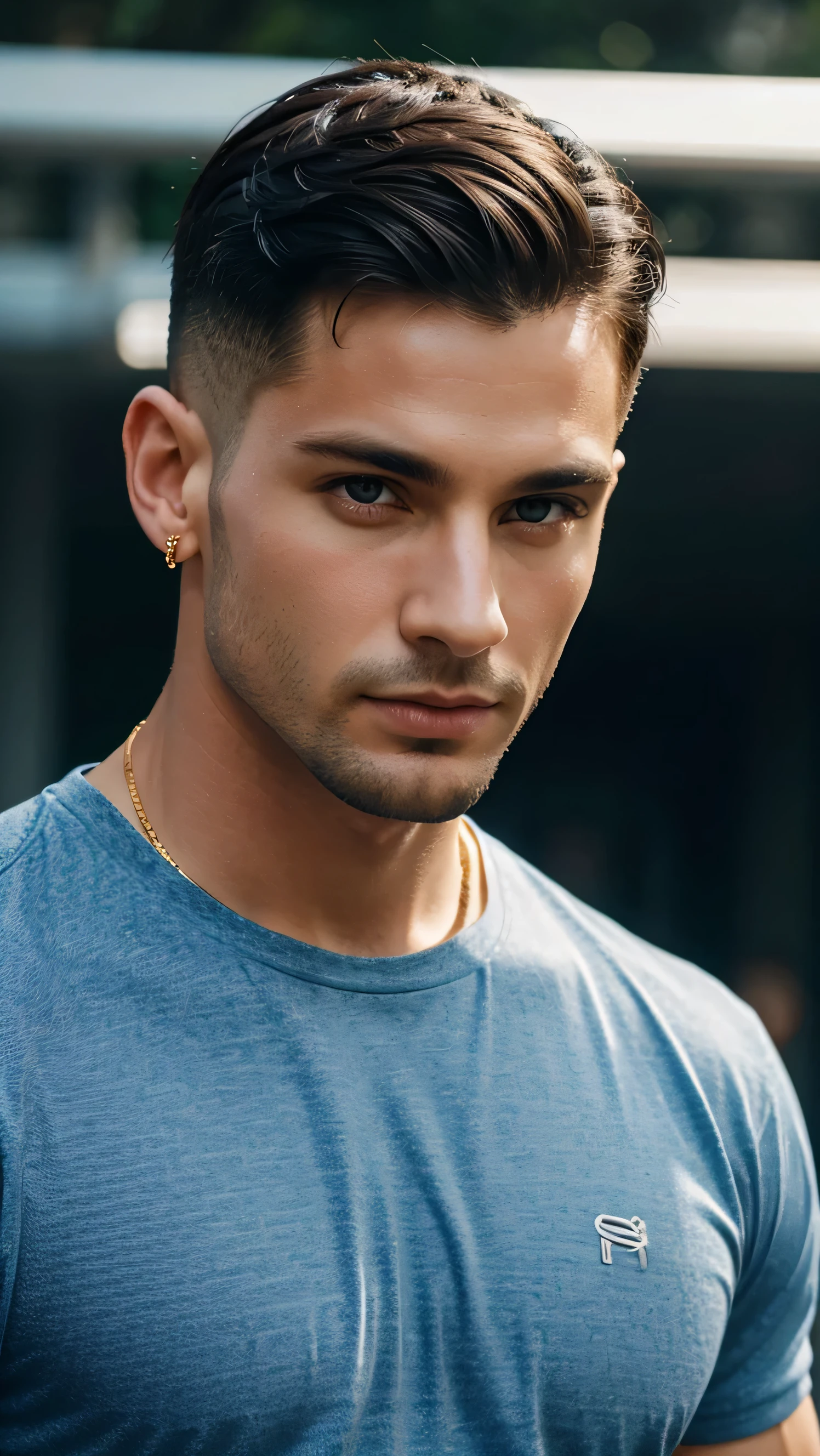 close-up,,Photos with high detail,photorealistic Handsome fashionable guy with fashionable hairstyle,black hair,gold earring in ear,Blue eyes,beefy guy,athlete guy,Athletic guy,in a red fitted shirt,thoughtful look,Charismatic guy,,behind the guy you can see a shiny ring,(a shining fantastic ring above his head). .The sun is shining,(clear day),High contrast,soft light,rich colors,ultra high quality 8K