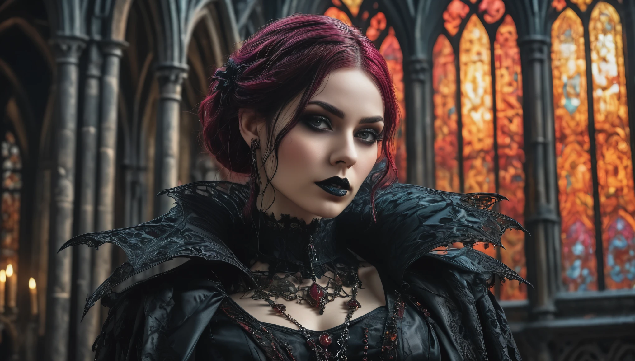woman vampire de 25 anos, face tattoo {tribal red colored}, big tits, wearing black cleric cloak and black cleric tunic with a sensual cleavage, segurando um cajado maligno, no meio de um castelo, luz focada no rosto, postura dominadora, close up