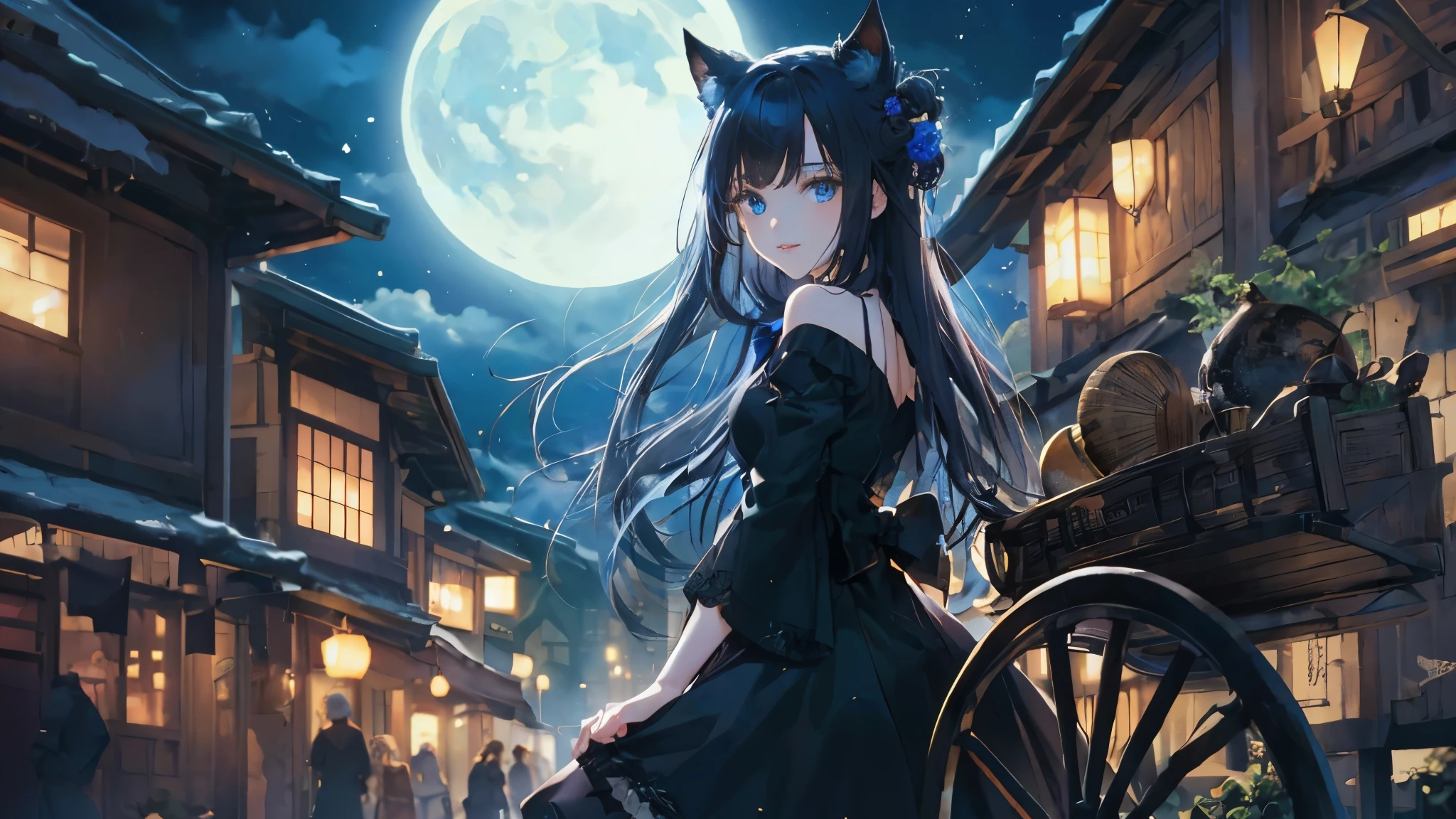 Beautiful girl with witch-like cat ears, beautiful blue eyes, long black hair, mysterious smile, ((the woman's face is beautifully detailed)), moonlight, black dress, black in a rural town at night in Japanese style Cart, black leather shoes)), ((highest quality)), ((high resolution 16k)), ((background is realistic and beautiful)), --Auto