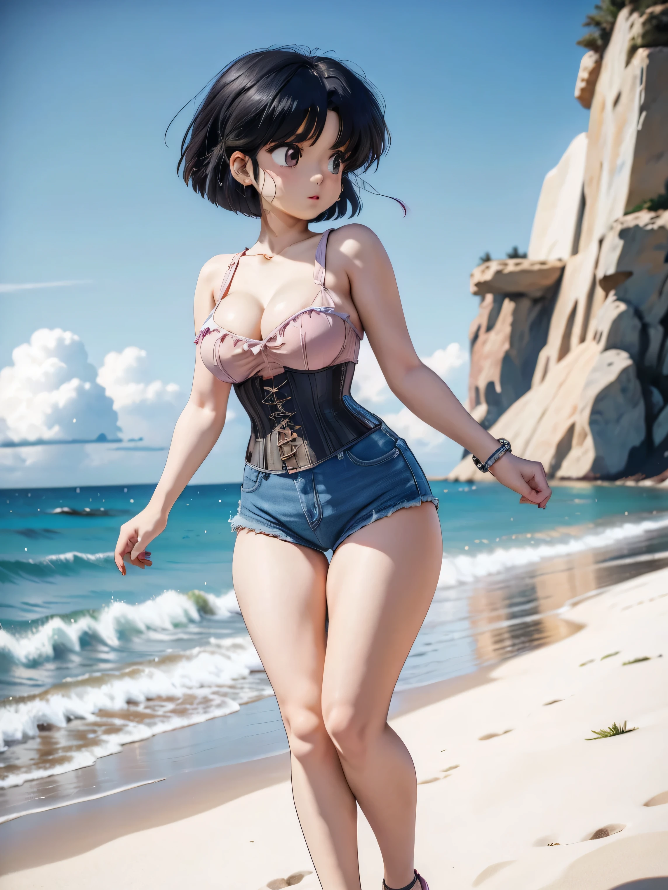 Anime girl with dark cabelo azulado in denim shorts and a pink corset, , Corpo bonito, peito grandes, with hands on waist, hands in her hair, garota sexy, cabelo azulado, side locks of hair with pink bow, locks of hair with a bow on the side of the face, beautiful lighting, sombras suaves, olhos castanhos, pernas bonitas tonificadas, cabelo curto, estilo anime, hand on the waist, hand in hair, character Akane Tendo, Autor Rumiko Takahashi, Baseado em uma obra de Rumiko Takahashi, Anime Ranma 1 / 2, decote sexy, quadris robustos, Corpo todo, Corpo todo, Grande busto, young girl with nice and Corpo bonito, sandals nos pés, de 16 anosndo shorts jeans e espartilho rosa, anime, estilo anime, lindos pés em sandals, 45° viewing angle, ao ar livre, peito grande, Seios lindos, cabelo preto, sandals nos pés, lindas pernas, sexy, lindas pernas, sandals, peito grandes, Corpo todo, Corpo todo, pés com sandals, Grande busto