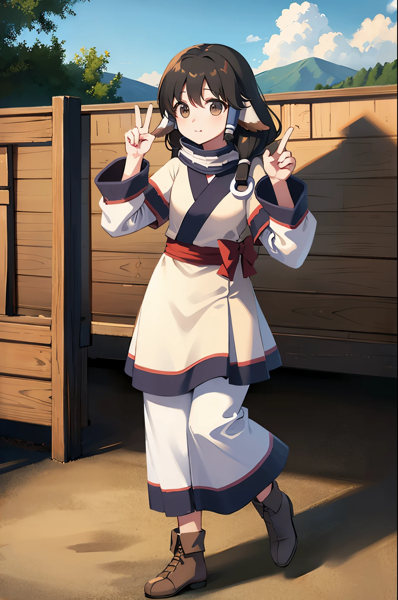 Eruruu, cute, long hair, wooden house, doing the Ok sign