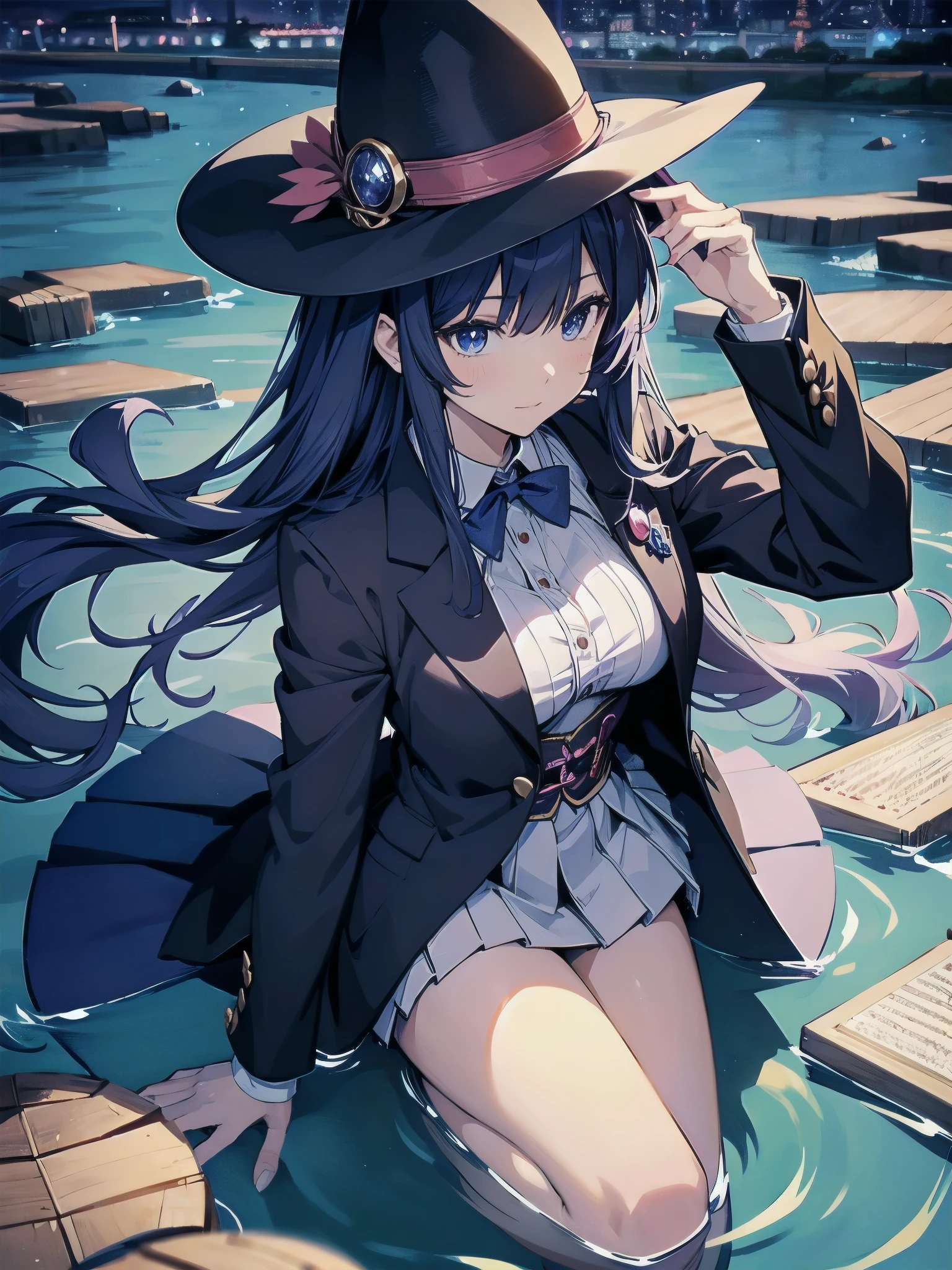 magician girl、She wears a large witch's hat with sapphire accessories、Wearing Japanese modern high school blazer uniform、Japan anime-style illustration、Drawn by a Japanese illustrator、Bank of the river in Tokyo late at night