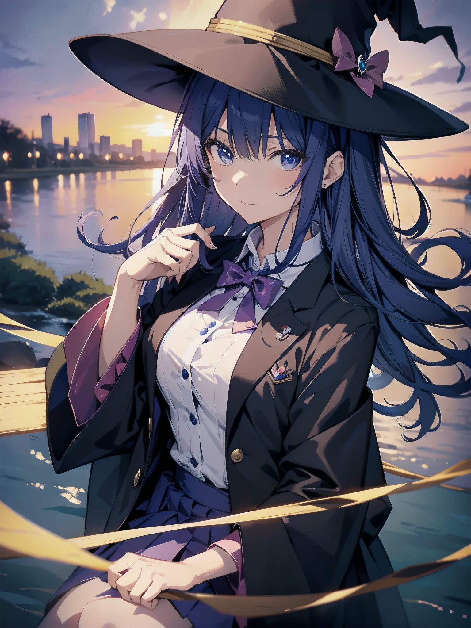 magician girl、She wears a large witch's hat with sapphire accessories、Wearing Japanese modern high school blazer uniform、Japan anime-style illustration、Drawn by a Japanese illustrator、Bank of the river in Tokyo late at night