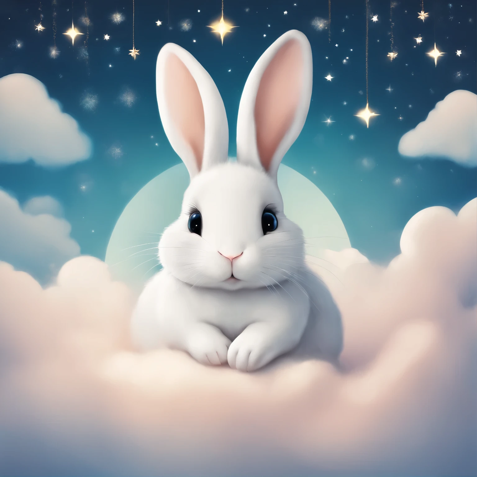 a cute bunny in a cloud above some stars, umrahmt von Wolken an einer Wand, im Stil einer digitalen Collage, traumhafte Szenarien, animierte GIFs, ethereal dreamscapes, hellbraun und himmelblau, Tarotkarte, Eiichiro Oda