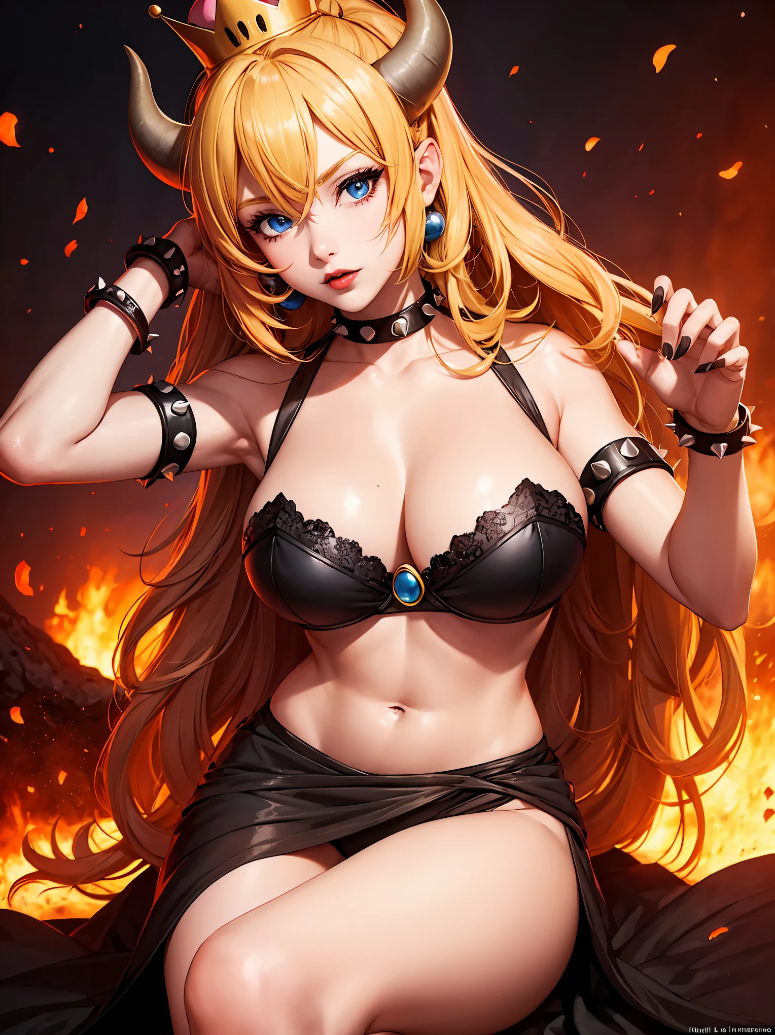 ((high detailed, best quality, 4k, masterpiece, hd:1.3)), ((best quality)), (((HD))), (((8k))), (ultraDH), (ultra HD), Princess Daisy, blue eyes, BREAK blue eyes, seductive, attractive, smooth anime cg art, 36C breasts, long legs, vivid colors, detailed digital art, slim body, perfect skin, dark blonde hair, long hair, blonde hair, blonde hair, BREAK crown, cleavage, 36C cleavage, looking at viewer, BREAK looking at viewer, extremely detailed face, red santa suit, red santa claus suit, santa claus suit, earrings, gem, dark black makeup lips, dark gothic eyeshadows, dark eyeshadows, black eyeshadows, black sexy lips, black lips, (dark:1.2), dark lips, very dark lips, (perfect hands, perfect anatomy), black makeup, black medium lips, black thick lips, detailed fingers, five fingers per hand, 5 fingers, (1 girl), detailed lips, detailed black lips, black painted lips, gothic painted lips, BREAK night, night sky, (breast focus), (arms outstreched:1.2), (from above:1.1), (breasts out:1.3), (off shoulder:1.1), (white horns), (bra), inside a lava castle, she inside a sea of lava, she bathing in lava,