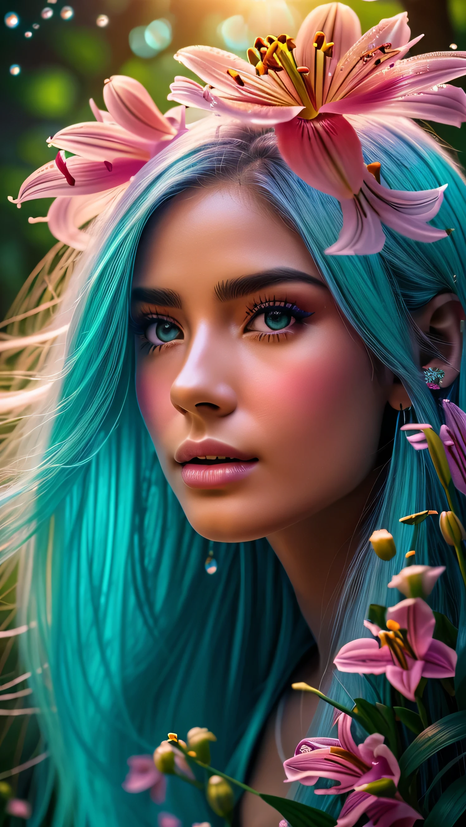 Mulher loira com cabelo azul e orelhas verdes em uma floresta, closeup fantasy with water magic, muito bonito elven top model, fantasy photoshoot, karol bak uhd, Retrato da rainha sereia, Retrato do guerreiro da sereia, beautiful elven princess, Fantasia Inspirada, Margot Robbie como uma fada, traje de fantasia, espartilho ciano, photoshoot real rainha dos oceanos, vestido de fantasia