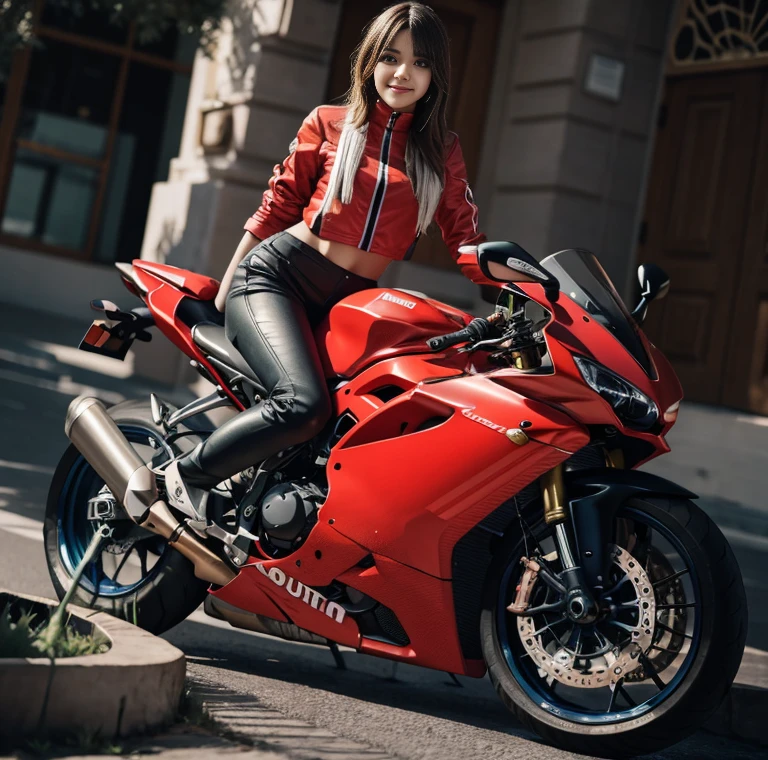 8k araffe posing on a Rojo motocicleta in a Rojo outfit, motocicleta, motocicletas, Enorme moto Ducati Panigrale, sitting on a motocicleta, all Rojo, foto de una mujer motociclista, motociclista, in Rojo and black, Rojo and cinematic lighting, some Rojo, Rojo, vestido con cuero de motociclista, piernas desnudas, riding a motocicleta, metallic Rojo, pieza de bellas artes