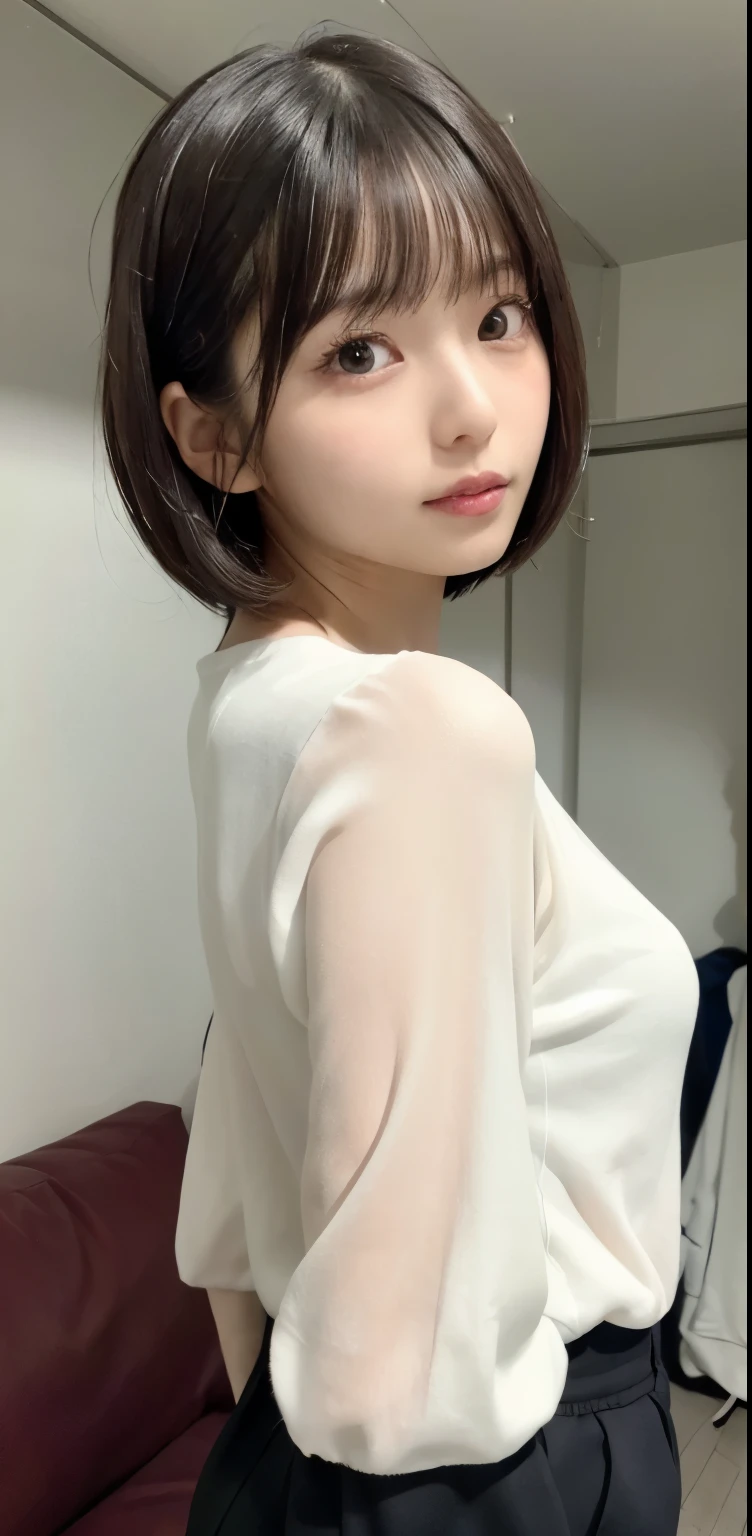 masterpiece, 1 beautiful girl, fine eyes, droopy eyes, highest quality, 超High resolution, (reality: 1.4), original photo, 1 girl, cinematic lighting, Japan, asian beauty, super beautiful, beautiful skin, thin, body facing forward, (Super realistic), (High resolution), (8k), (very detailed), (Best Illustration), (beautifully fine eyes), (super detailed) , detailed face, looking at the viewer, look straight ahead, beautiful clothes, No sleeve, short hair, black hair, 46 point diagonal bangs, A room based on white, Neat atmosphere,