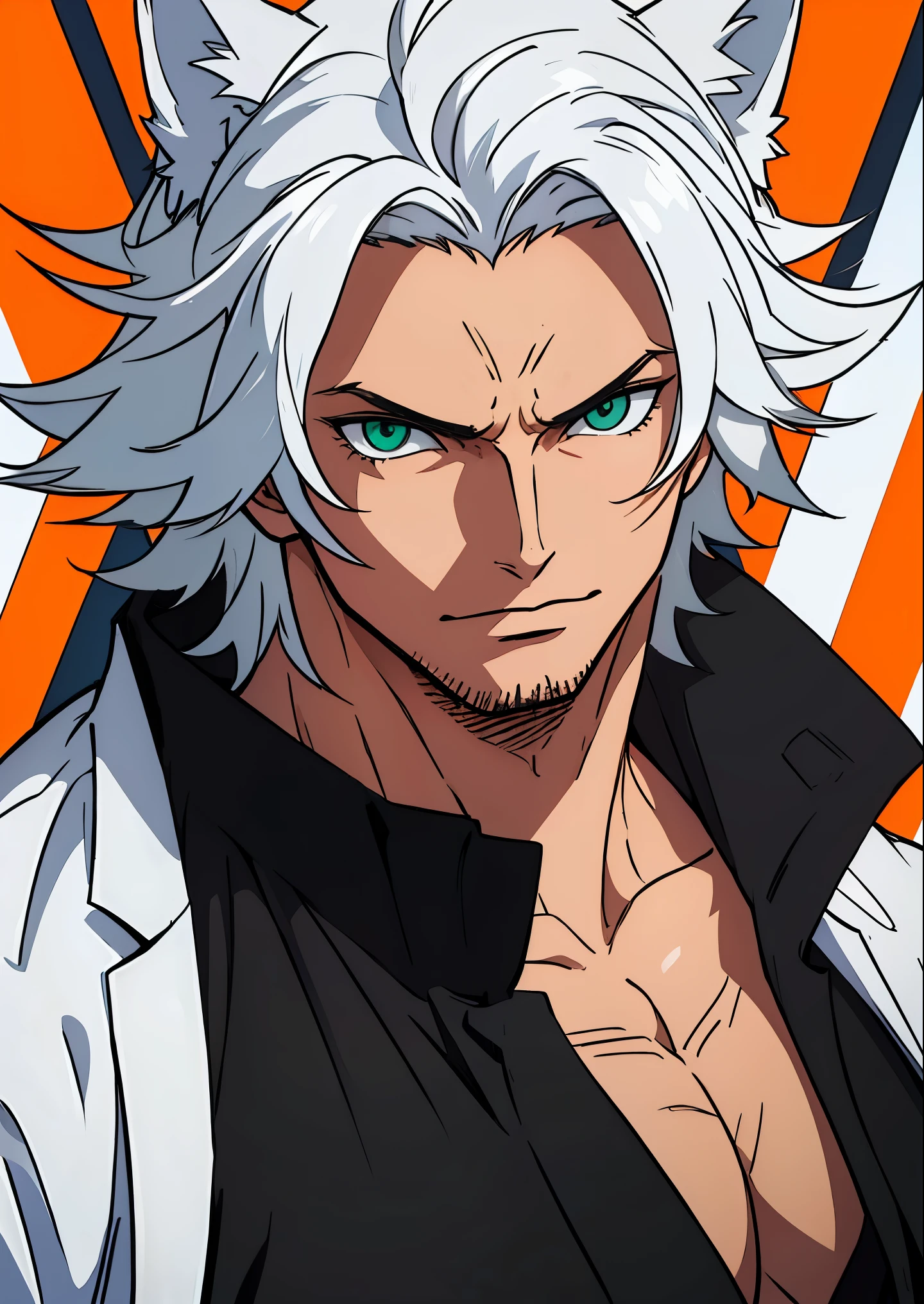 ((dynamic leadership style)), um homem, wolf ears , cabelo longo, white hair , white hair, green eyes, hight , muscular, open jacket , beautiful face, ((very detailed face)), ((obra de arte)), 2d, ((anime)), (perfect face), ((more details )), feline eyes, wolf tail , wavy hair , jacket open , intricate detail , (patterned background ), ((alone)), open jacket showing off his defined abdomen and large chest