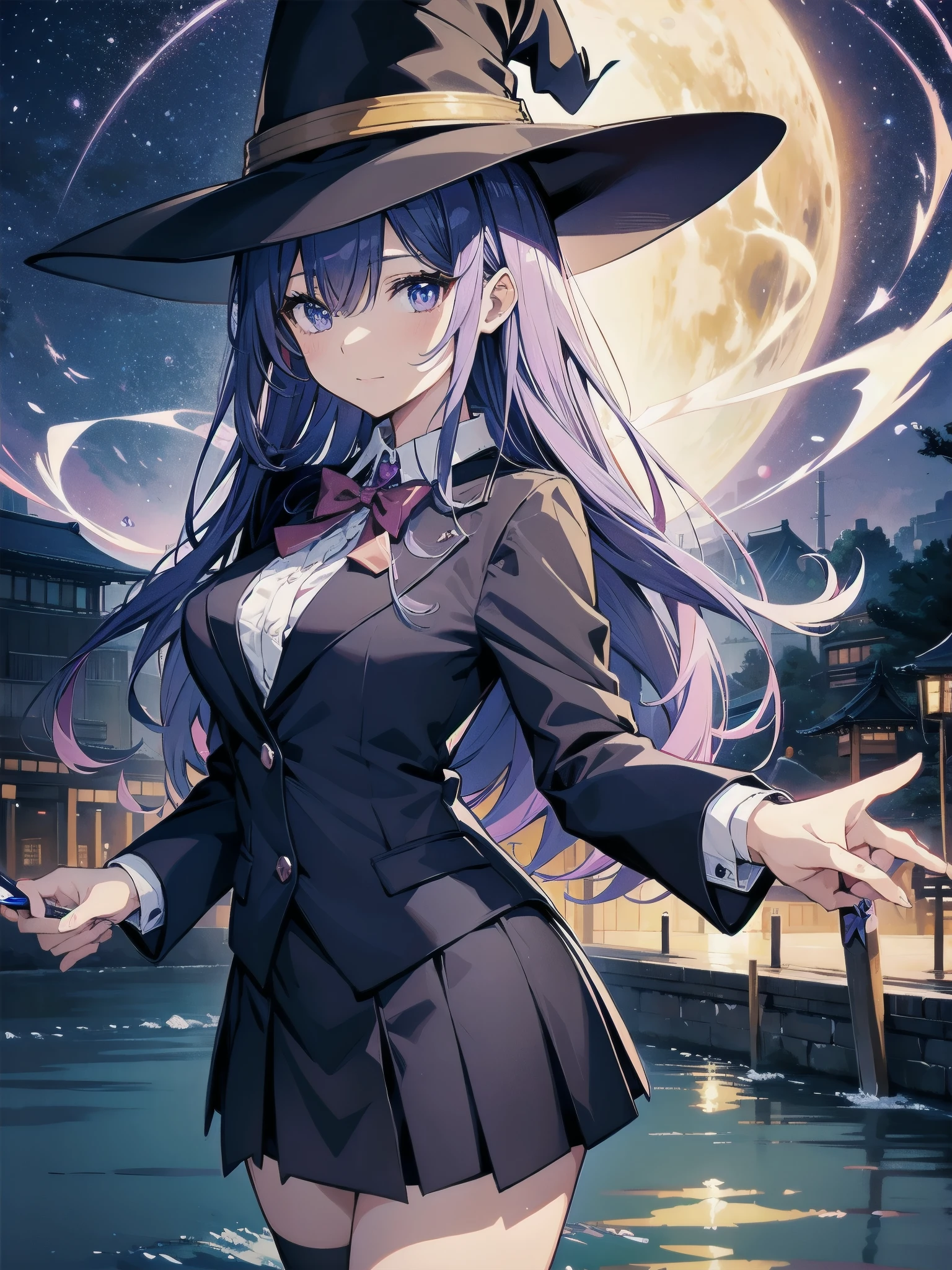 magician girl、She wears a large witch&#39;s hat with sapphire accessories、Wearing Japanese modern high school blazer uniform、Japan anime-style illustration、Drawn by a Japanese illustrator、Bank of the river in Tokyo late at night