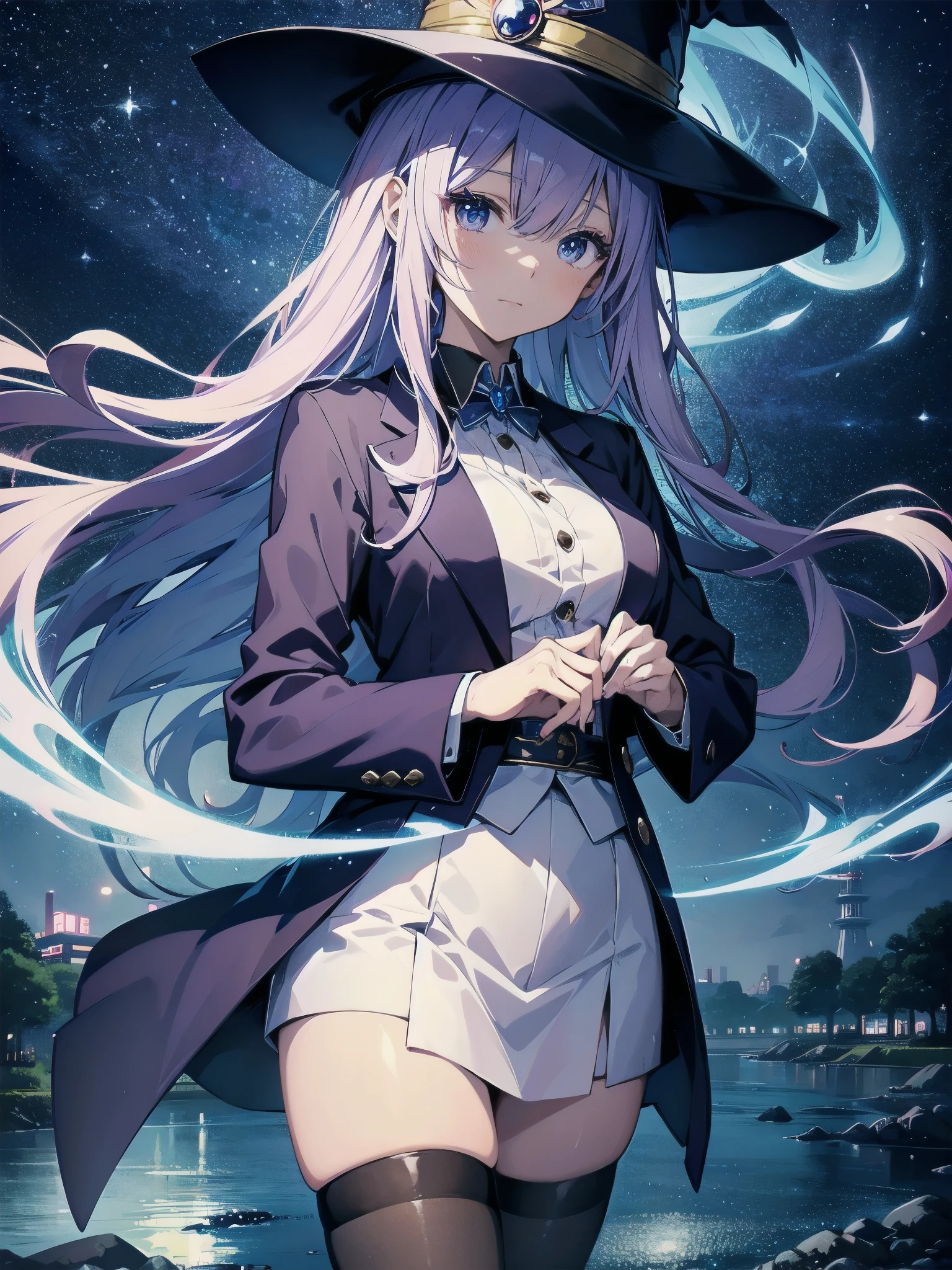 magician girl、She wears a large witch's hat with sapphire accessories、Wearing Japanese modern high school blazer uniform、Japan anime-style illustration、Drawn by a Japanese illustrator、Bank of the river in Tokyo late at night