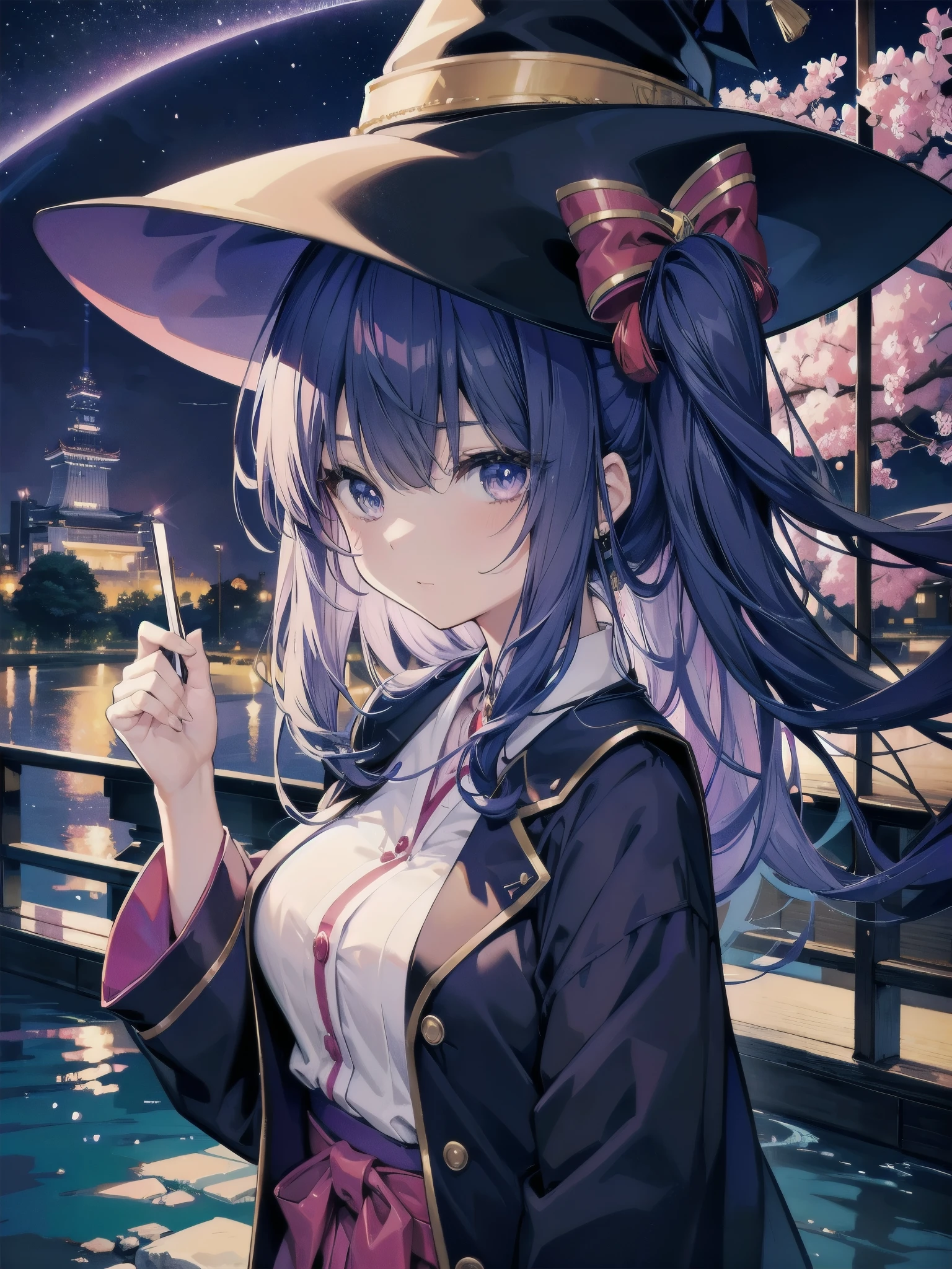 magician girl、She wears a large witch's hat with sapphire accessories、Wearing Japanese modern high school blazer uniform、Japan anime-style illustration、Drawn by a Japanese illustrator、Bank of the river in Tokyo late at night