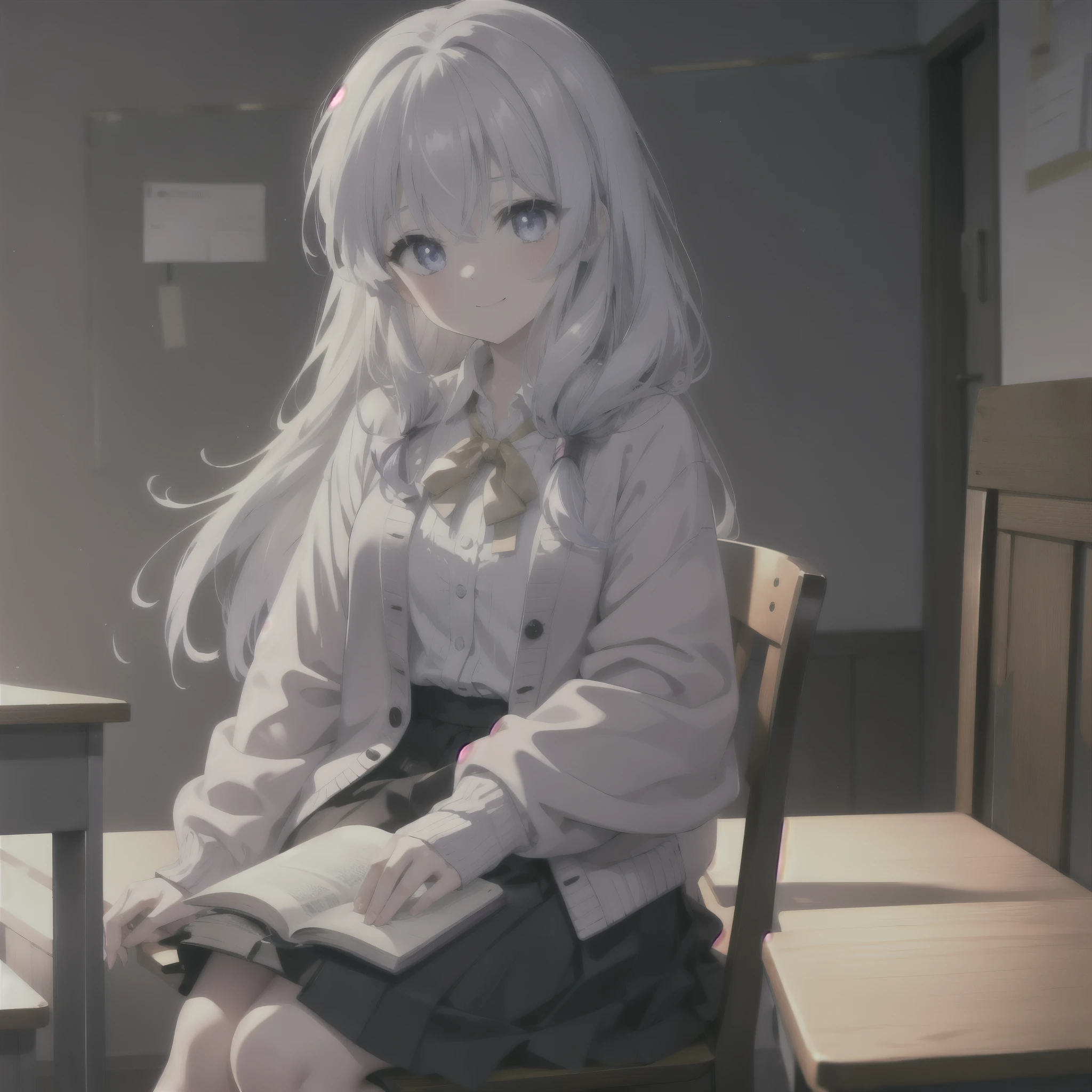 (masterpiece:1.6, highest quality), (Beautiful detailed eyes: 1.2), phElaina, Eouftit3, Eof3, 1 girl, Elaina (majo no tabitabi), alone,silver hair,long hair, blue eyes, shiny hair, wing color purple eyes,white Y shirt,ribbon,purple cardigan,black blazer,black pleated skirt,White pantyhose,brown loafers,School classroom,There is a textbook on the desk,sitting cross-legged on a chair,blush,smile,mouth open,
, anime color,