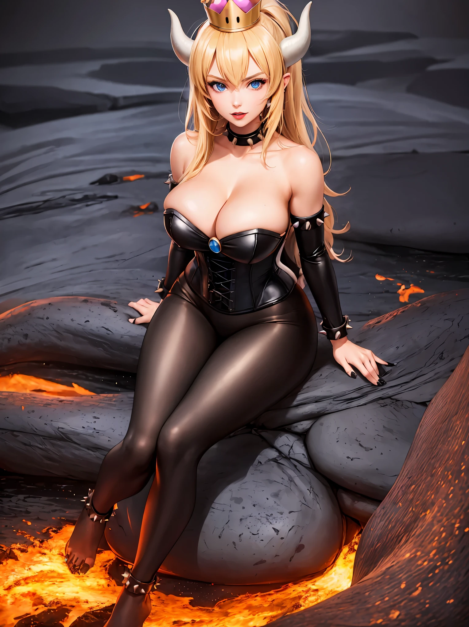 ((high detailed, best quality, 4k, masterpiece, hd:1.3)), ((best quality)), (((HD))), (((8k))), (ultraDH), (ultra HD), Princess Daisy, blue eyes, BREAK blue eyes, seductive, attractive, smooth anime cg art, 36C breasts, long legs, vivid colors, detailed digital art, slim body, perfect skin, dark blonde hair, long hair, blonde hair, blonde hair, BREAK crown, cleavage, 36C cleavage, looking at viewer, BREAK looking at viewer, extremely detailed face, red santa suit, red santa claus suit, santa claus suit, earrings, gem, dark black makeup lips, dark gothic eyeshadows, dark eyeshadows, black eyeshadows, black sexy lips, black lips, (dark:1.2), dark lips, very dark lips, (perfect hands, perfect anatomy), black makeup, black medium lips, black thick lips, detailed fingers, five fingers per hand, 5 fingers, (1 girl), detailed lips, detailed black lips, black painted lips, gothic painted lips, BREAK night, night sky, (breast focus), (arms outstreched:1.2), (from above:1.1), (breasts out:1.3), (off shoulder:1.1), (white horns), (corset), inside a lava castle, she inside a sea of lava, she bathing in lava, full body, perfect long legs, perfect foots, legs and foots into the lava,