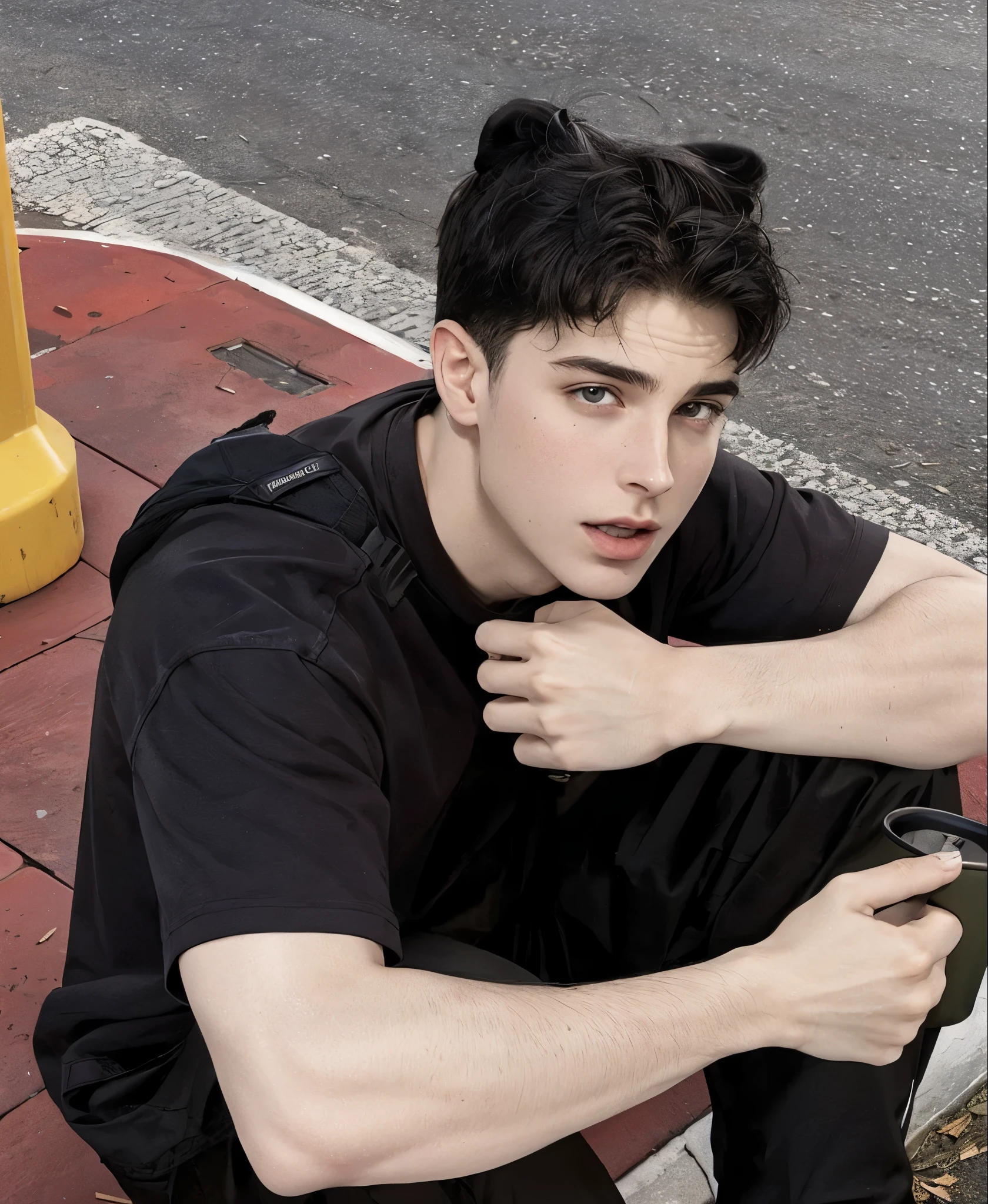 There's a man sitting on the curb with a cell phone, taken at the beginning of 2020, Timótee Chalamet, Tyler Oeste, Nick Drnaso, bladee da gangue de drenagem, estilo de Kieran Yanner, he is wearing a black t-shirt, ele tem cerca de 20 anos, ele tem cerca de 2 0 anos