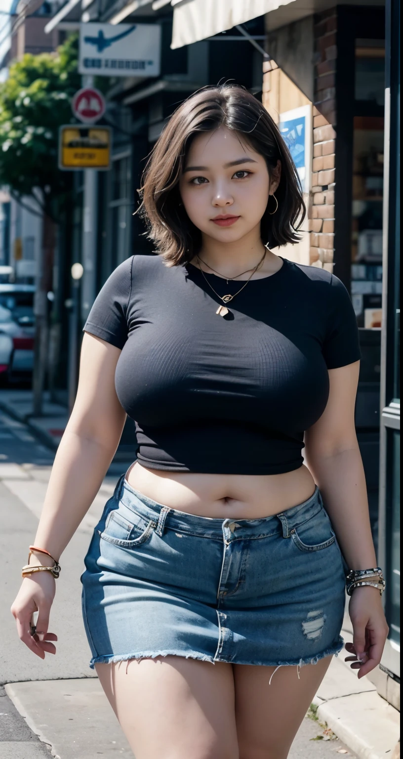 ((best quality)), ((masterpiece)), (detailed), perfect face, araffe woman in a long dark-blue shirt and blue denim skirt walking down a street, thicc, wavy short hair , she has a jiggly fat round belly, chan, wearing tight simple clothes, skinny waist and thick hips, widest hips, her belly is fat and round, soft curvy shape, hyperrealistic full figure, wearing a cute top, wide hips, wearing 10 bracelet , wearing huge diamond necklace