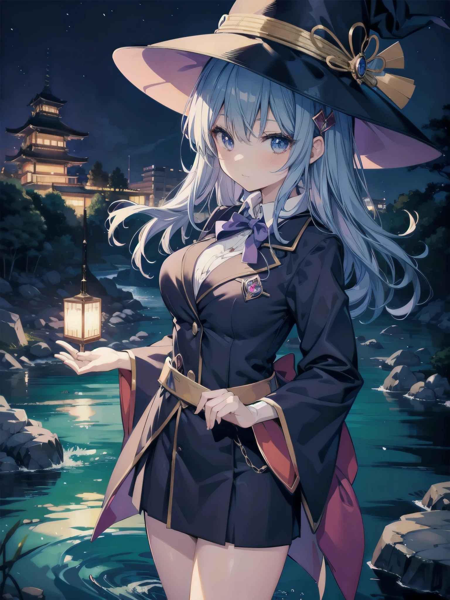 magician girl、She wears a large witch&#39;s hat with sapphire accessories、Wearing Japanese modern high school blazer uniform、Japan anime-style illustration、Drawn by a Japanese illustrator、Bank of the river in Tokyo late at night