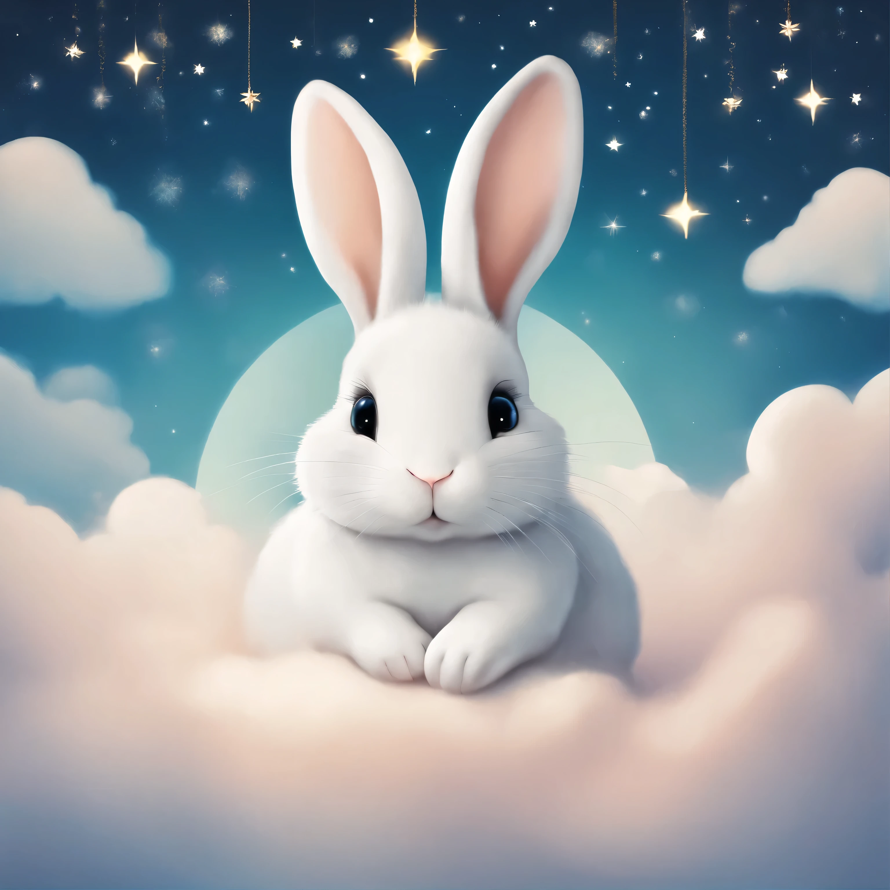 a cute bunny in a cloud above some stars, umrahmt von Wolken an einer Wand, im Stil einer digitalen Collage, traumhafte Szenarien, animierte GIFs, ethereal dreamscapes, hellbraun und himmelblau, Tarotkarte, Eiichiro Oda