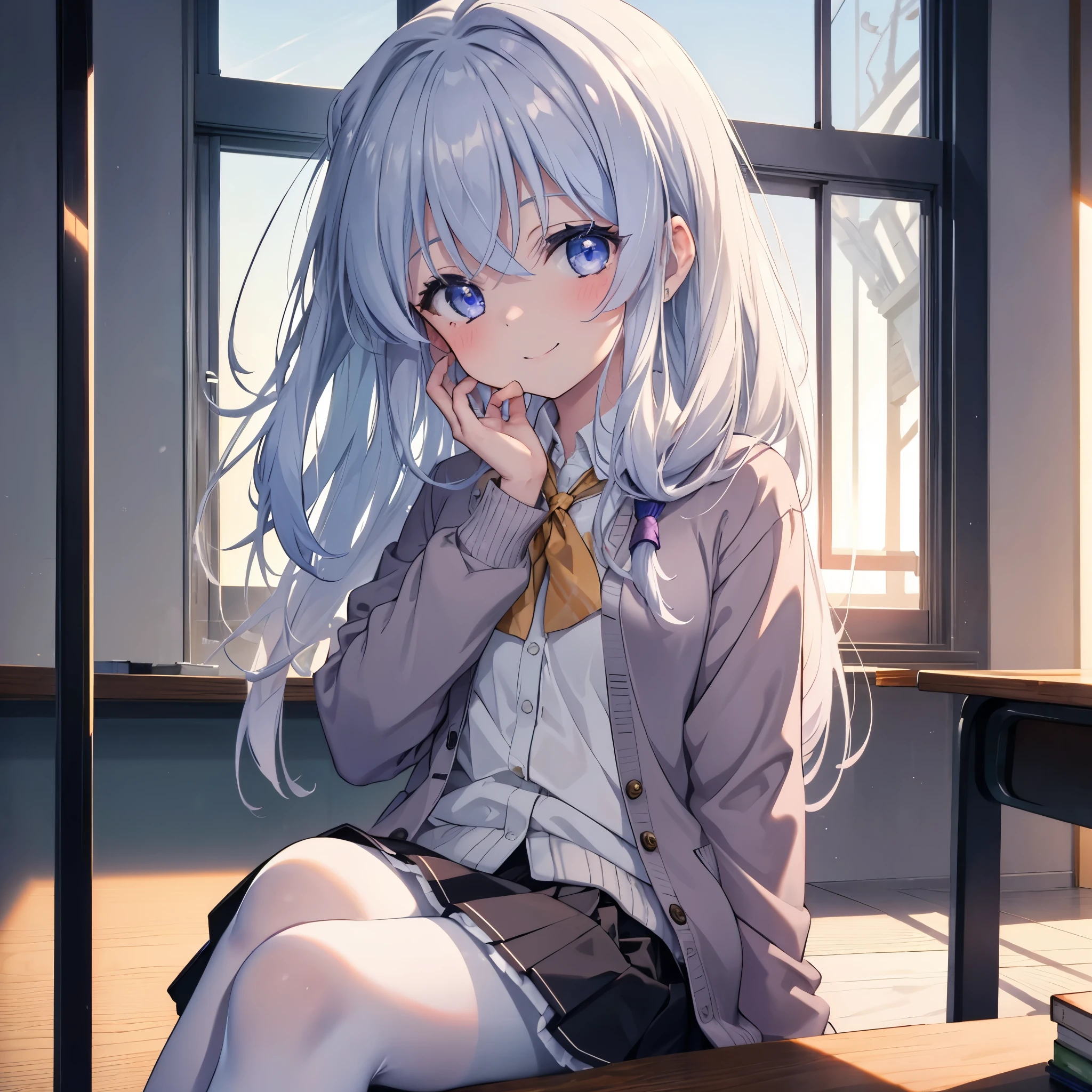 (masterpiece:1.6, highest quality), (Beautiful detailed eyes: 1.2), phElaina, Eouftit3, Eof3, 1 girl, Elaina (majo no tabitabi), alone,silver hair,long hair, blue eyes, shiny hair, wing color purple eyes,white Y shirt,ribbon,purple cardigan,black blazer,black pleated skirt,White pantyhose,brown loafers,School classroom,There is a textbook on the desk,sitting cross-legged on a chair,blush,smile,mouth open,
, anime color,