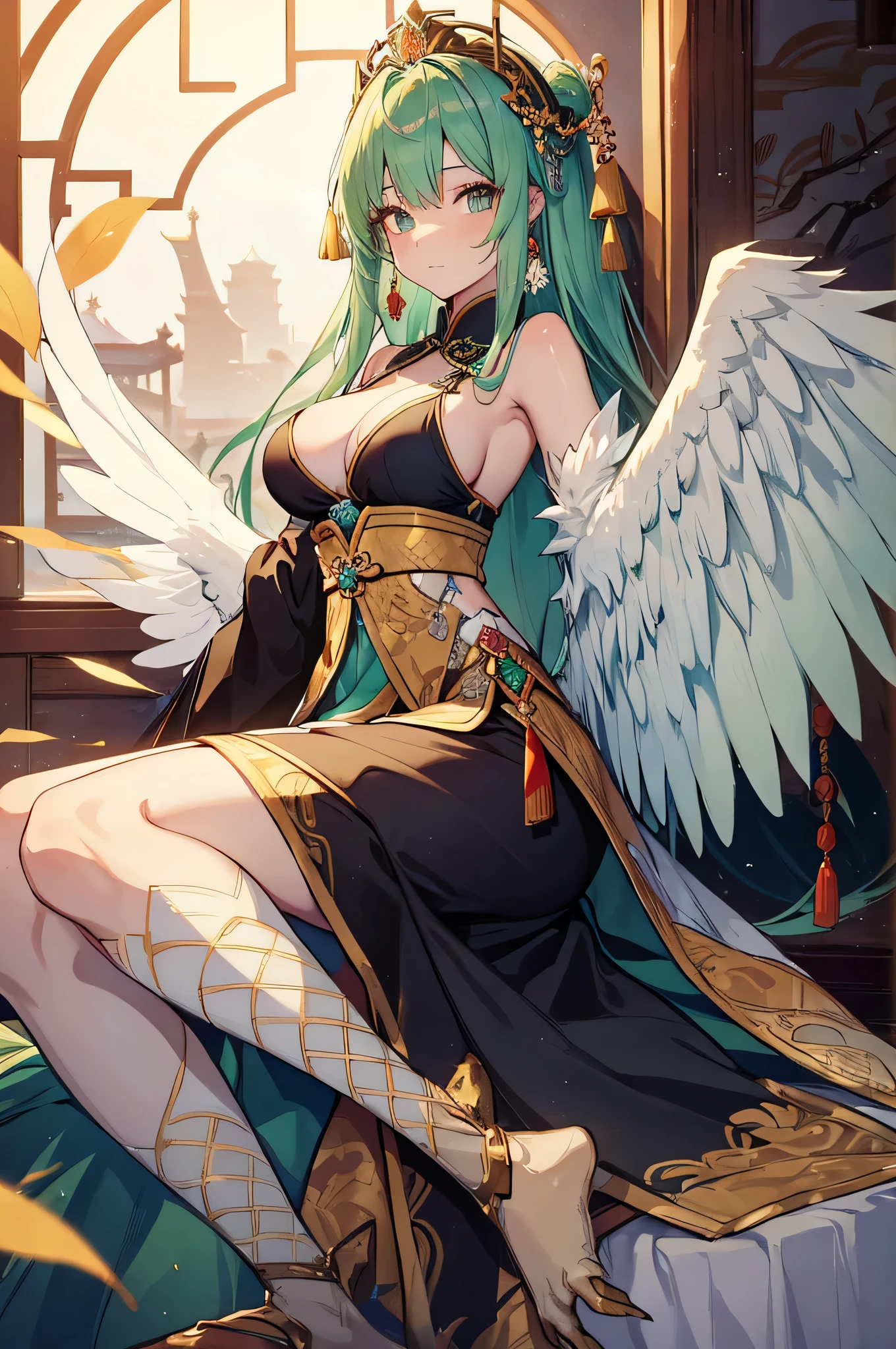 4k,High resolution,one woman,harpy,green hair,long hair,white wings,golden toenails,big breasts,ancient chinese princess,Ancient Chinese Dresses,No sleeve,princess tiara,jewelry embellishments,Ancient Chinese castles