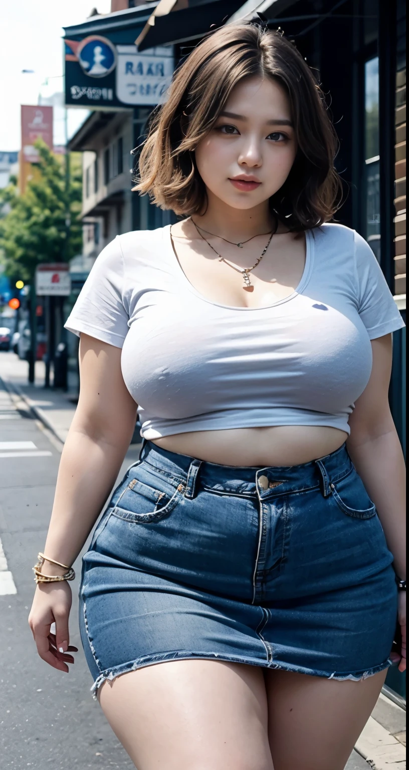 ((best quality)), ((masterpiece)), (detailed), perfect face, araffe woman in a long dark-blue shirt and blue denim skirt walking down a street, thicc, wavy short hair , she has a jiggly fat round belly, bbwchan, wearing tight simple clothes, skinny waist and thick hips, widest hips, her belly is fat and round, soft curvy shape, hyperrealistic full figure, wearing a cute top, wide hips, wearing 10 bracelet , wearing huge diamond necklace