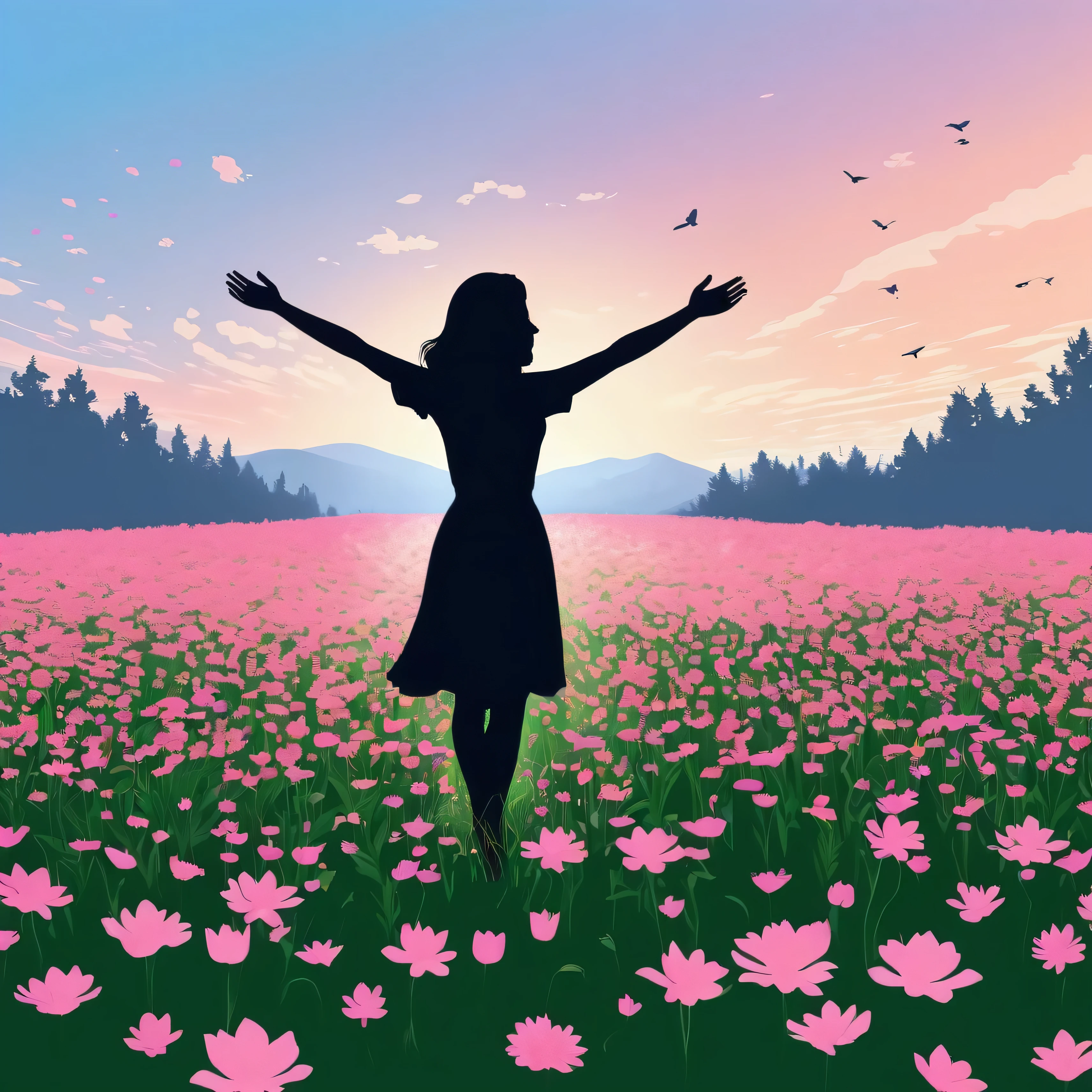 a feminine silhouette with open arms, standing in a flowers field. isometric art