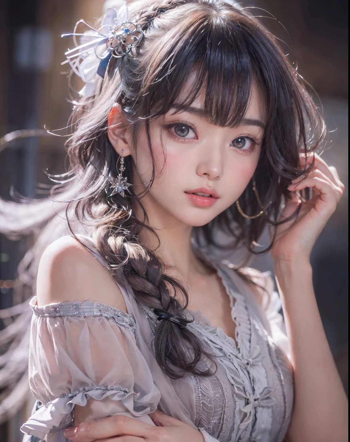 masterpiece、8K、32K、highest quality、(Detailed both eyes)、(cute japanese woman、bangs:1.3)、23 years old、1 girl、elegant、black hair、(retro、film camera:1.4)、Moving、(huge boobs:1.2)、(flower garden、grass:1.3)、lie down