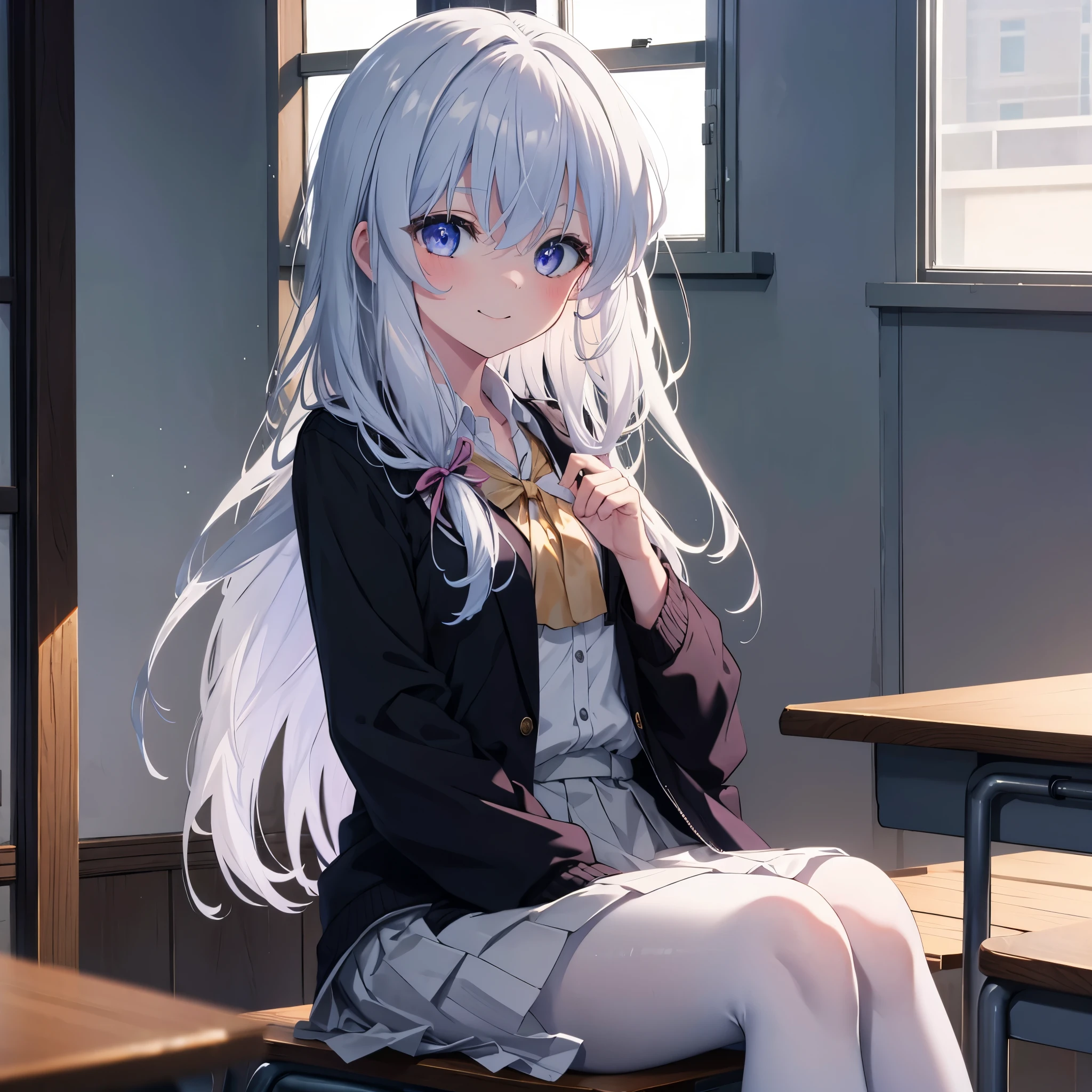 (masterpiece:1.6, highest quality), (Beautiful detailed eyes: 1.2), phElaina, Eouftit3, Eof3, 1 girl, Elaina (majo no tabitabi), alone,silver hair,long hair, blue eyes, shiny hair, wing color purple eyes,white Y shirt,ribbon,purple cardigan,black blazer,black pleated skirt,White pantyhose,brown loafers,School classroom,There is a textbook on the desk,sitting cross-legged on a chair,blush,smile,mouth open,
, anime color,