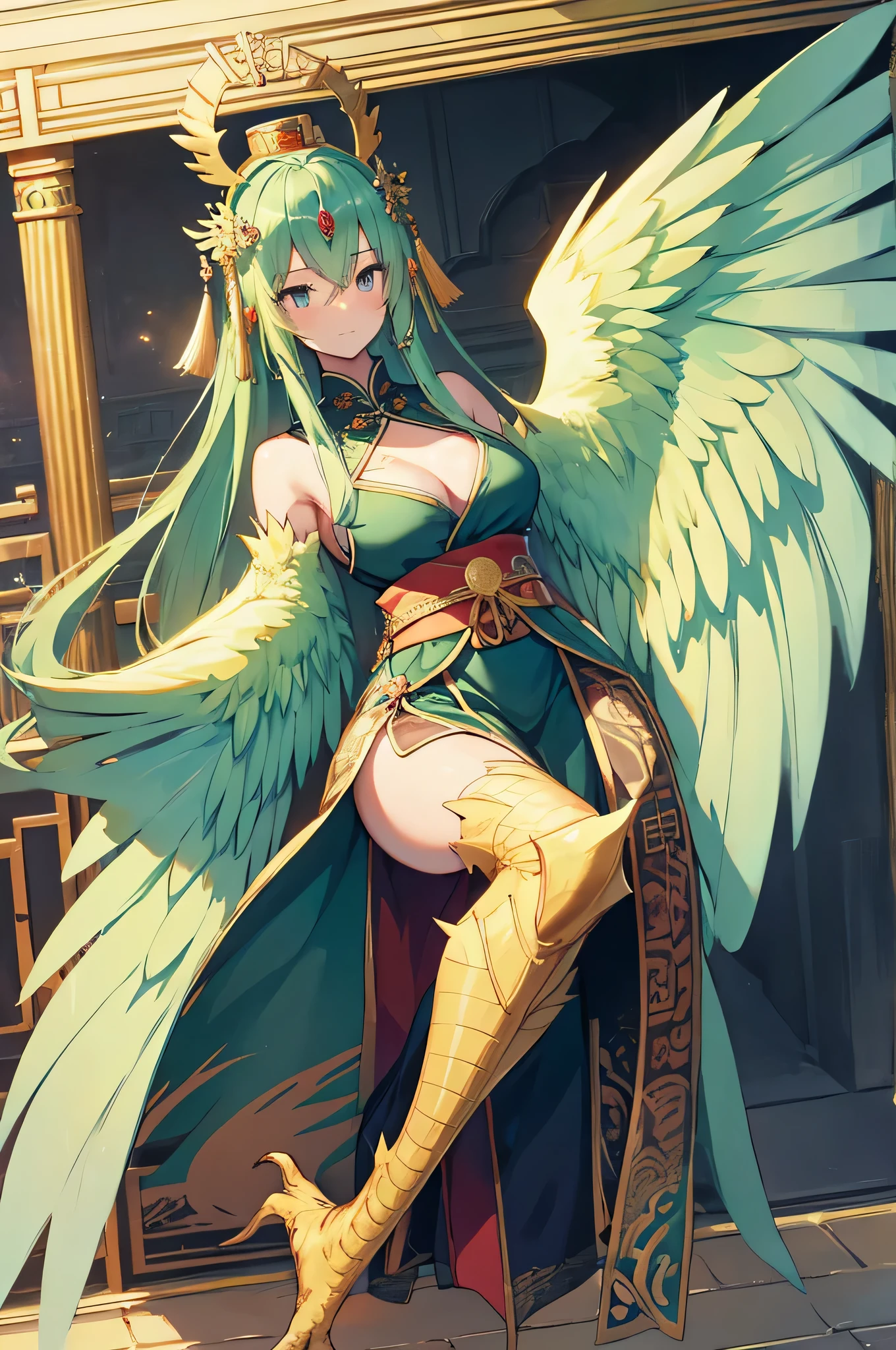 4k,High resolution,one woman,harpy,green hair,long hair,white wings,golden toenails,big breasts,ancient chinese princess,Ancient Chinese Dresses,No sleeve,princess tiara,jewelry embellishments,Ancient Chinese castles