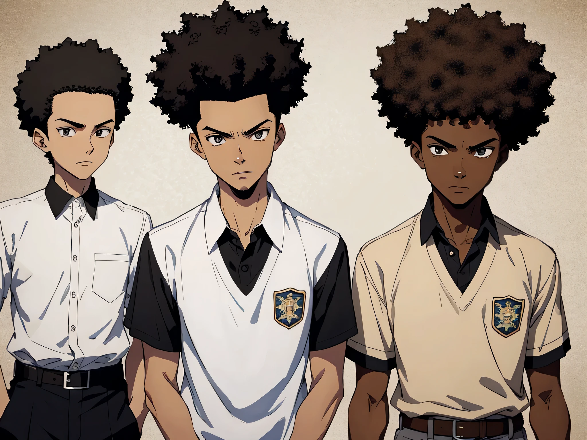 boondocks character ,A 19-year-old Brazilian teenager, brown, short black taper fade hair, very curly afro hair, tall and thin, wearing a school uniform, with low taper fade hairstyle