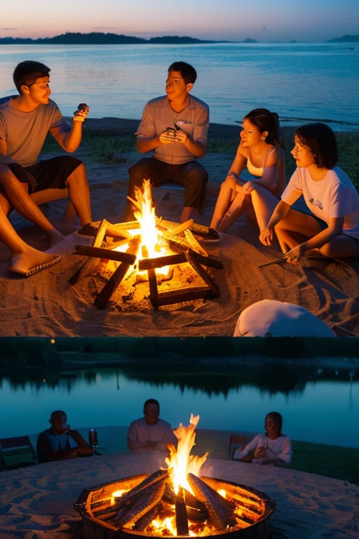 BBQ on the beach, people々sit around the campfire, Taste delicious seafood and barbecue, and have a comfortable time, (highest quality, masterpiece, Representative works, official art, Professional, super intricate details, 8k:1.3)