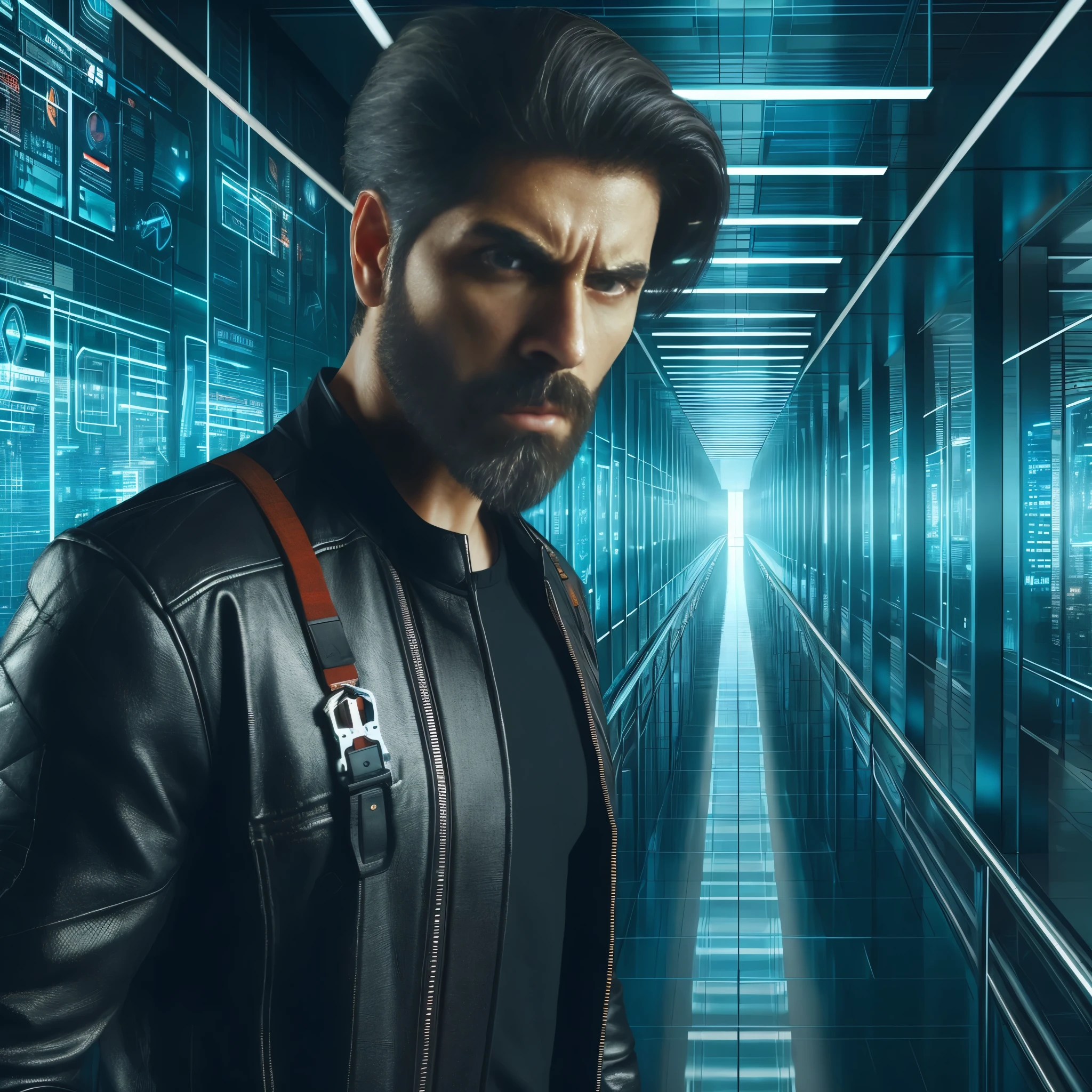 a man in a black jacket standing in a hallway with a dark background, cyborg in the data center, cyber background, portrait of a cyberpunk man, cyber style, in cyberpunk style, cyber space, cyberpunk hero, cyber noir, hyper-realistic cyberpunk style, in a scifi movie, tech noir, cyberpunk character, cyberpunk dude, dystopian sci-fi character