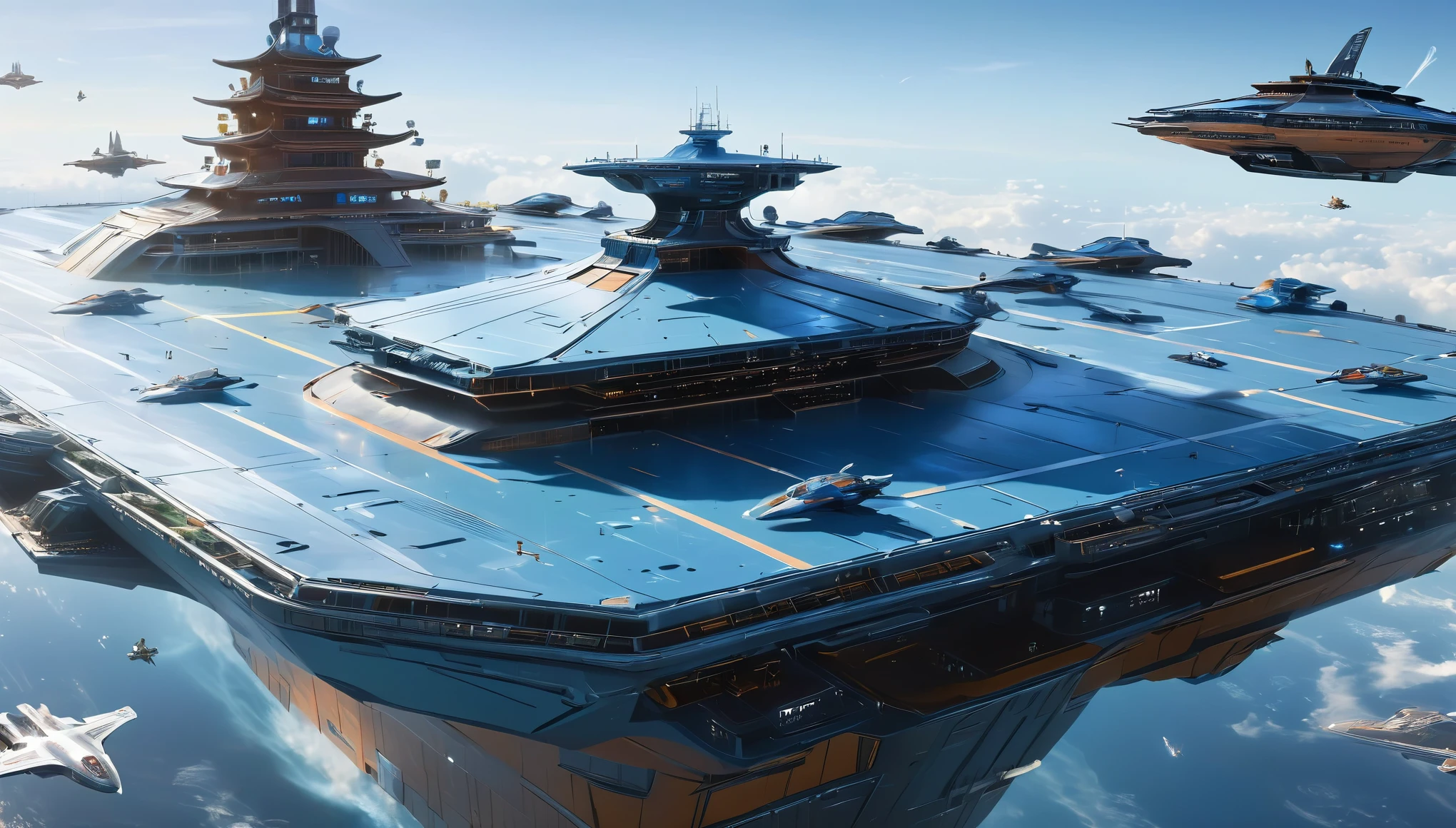 (a large space carrier),(futuristic),(powered by advanced technology),(sleek and imposing design),(silently floating in space),(with massive engines propelling it forward),(6 levels with docking bays),(giant glass windows revealing the cosmos),(surrounded by a protective force field),(emitting a soft blue light),(with intricate laser cannons on its sides),(painted with the Chinese symbol for strength and unity),(accommodating a diverse crew from different cultures),(including engineers, scientists, and astronauts),(wearing futuristic uniforms),(performing their duties with precision and expertise),(a bustling command center with holographic displays and control panels),(captain's quarters with a breathtaking view of the stars),(a spacious botanical garden with exotic plants from Earth and beyond),(training facilities for zero-gravity simulations and martial arts),(a medical bay equipped with advanced healing technologies),(leisure areas for crew members to relax and socialize),(virtual reality rooms for immersive entertainment),(a majestic observation deck with panoramic views),(celestial bodies passing by in mesmerizing colors),(creating a sense of awe and wonder),(capturing the essence of exploration and human ingenuity),(with a timeless beauty that transcends borders and cultures),(combining art, technology, and the spirit of the universe). (best quality, ultra-detailed),(realistic),(HDR),(vivid colors),(sharp focus),(physically-based rendering:1.2),(masterpiece:1.1),(UHD),(professional lighting),(bokeh).