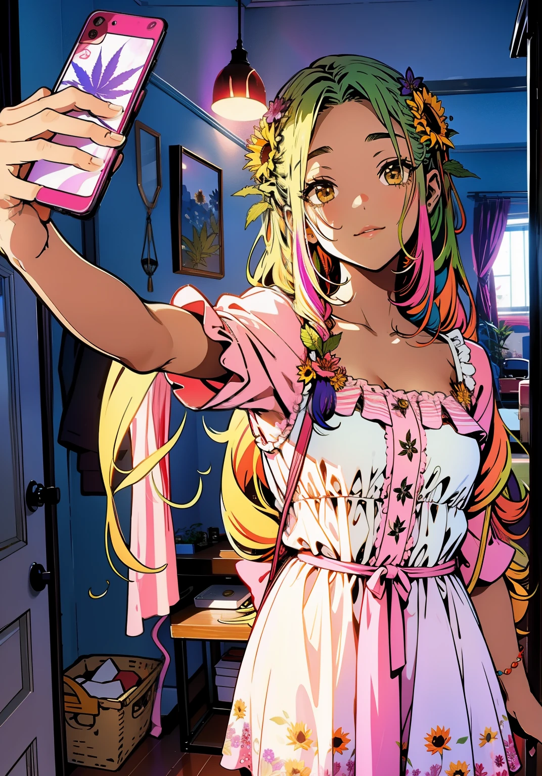 (Exterior: cannabis indica temple bedroom with sunflowers and tulips in bloom with overgrown cannabis shrubs), the scene depicting beautiful young woman taking sensual erotic selfies,
((1girl, dark-skinned Haitian woman, plump, violet multicolored dreadlocks hairstyle, hair between eyes, glowing halo, scar on cheek, cannabis leaf hair ornament, wearing flowing colorful sundress, standing playfully taking selfie))