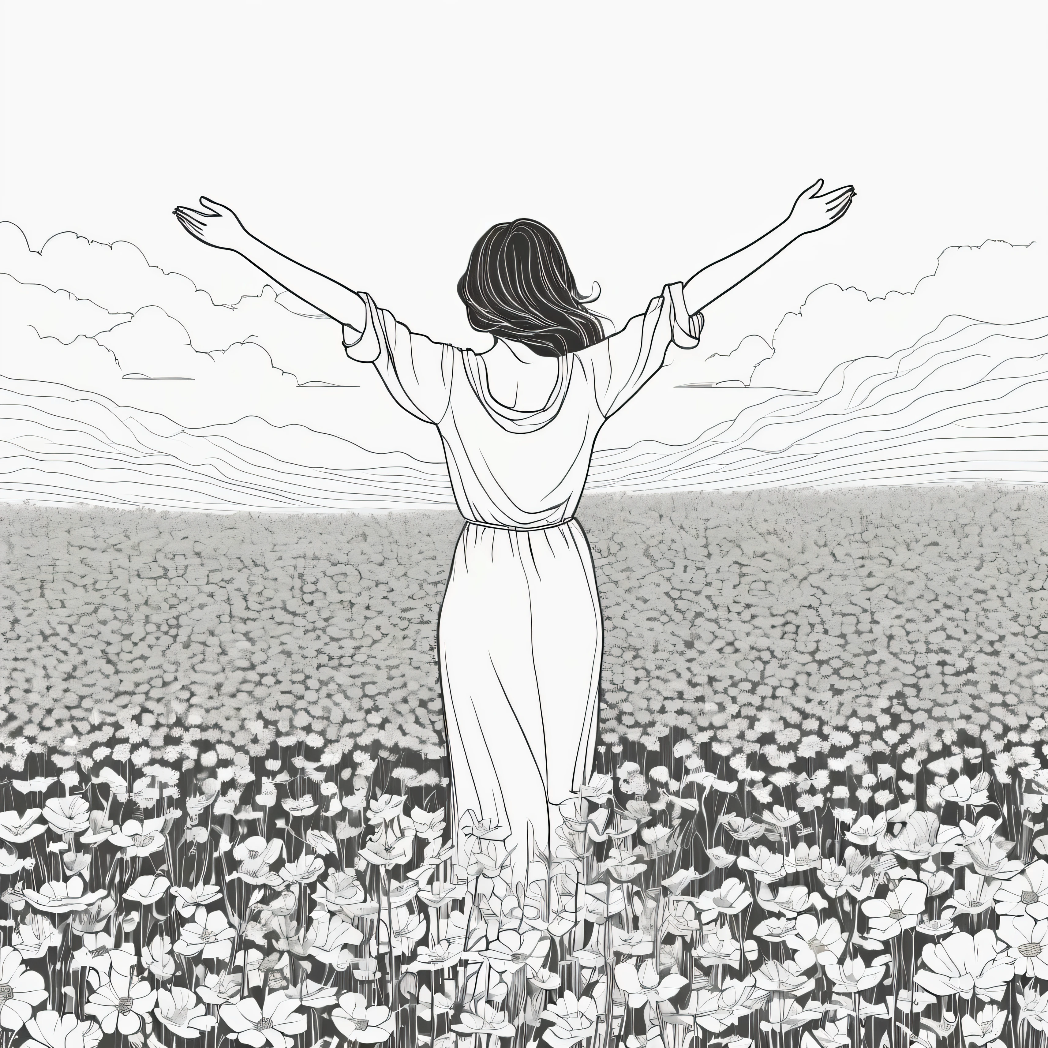 a feminine silhouette with open arms standing in a flower field, Line art
