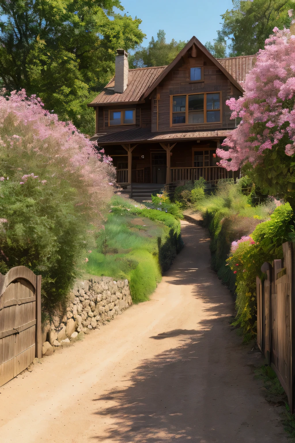 ((High definition, texturas de alta qualidade, ultra realistic)), uma rua de terra passa entre pequenas colinas verdes iluminadas pela luz dourada do sol, on one side there are trees with pink flowers, on the other side there are trees with blue flowers, the street ends at a wooden gate on a plot of land and on that plot there is an old house, F1 Camera.6 lenses, Cores ricas, hiper-realista, textura realista, dramatic lighting, cinema 800,
