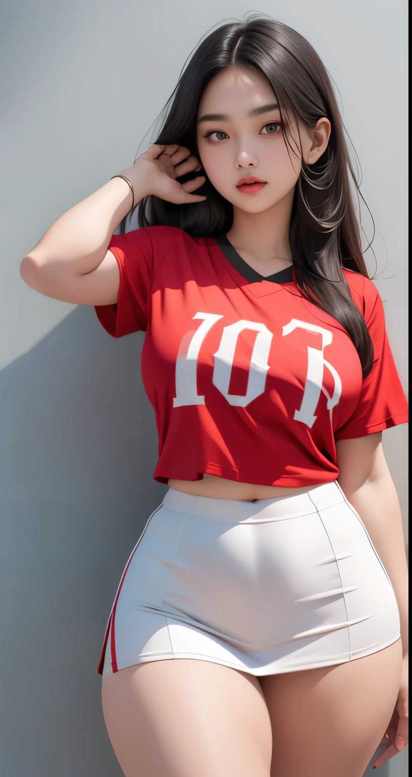a beautiful yo Turki-Indonesia woman, baseball tshirt oversize ,short skirt, detailed, detail body and face., voluptuous body , thick thighs