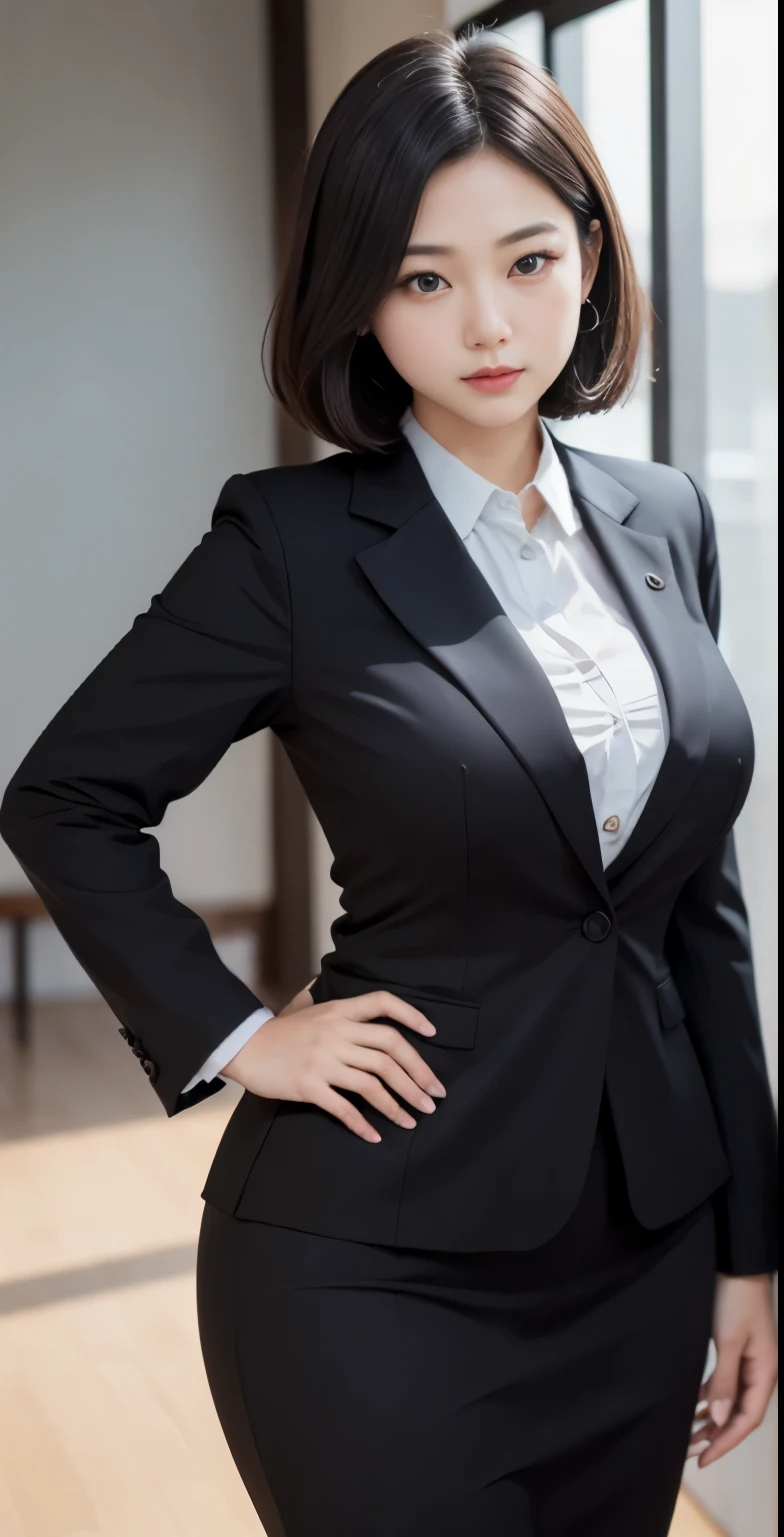 realisitic、Curvaceous woman standing alone, Woman in black business suit, with a business suit on, businesswoman, Woman in business suit, Wearing a white collar shirt under a suit、business skirt、tight skirts、Girl in a suit, female in office dress, , Girl in suit, young business woman, in a business suit, business outfit, Wear a suit、Office Suits、Not wearing glasses、professional photograpy、Does not expose the skin, Japanese Models,、,The skin is not exposed、fleshy body, large 、 hard 、、big buttg belly、thick waist、Body without tone、thick thight、thick arms、Round face、Fat face、chubby cheeks、Sauce order、big eye、A dark-haired、short-haired、Standing facing the front、Left hand pose on the hip、Right hand is down in a pose、Straight back posture、Sun background、chinese-Indonesian woman