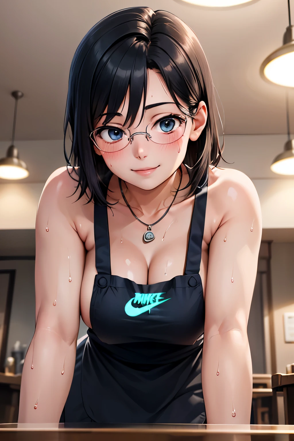 1girl,18yo,perfect hands, perfect finger,perfect anatomy, masterpiece, best quality,realistic, hyperrealistic, 16k hdr,, aamii, short hair, black hair, blue eyes, glasses, (naked nike apron:1.2),pub, from below,standing,(sweat:1.3),(red blush,smile),large breasts,upper body,necklace,(leaning forward:1.2)