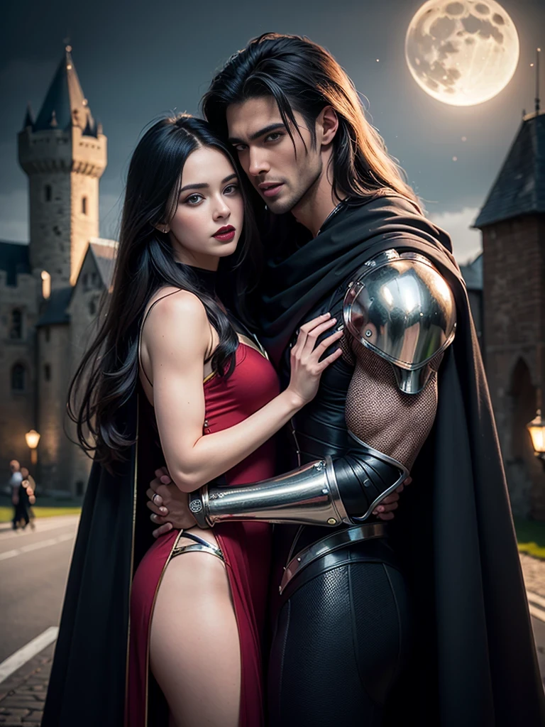 woman (((((satisfied, (([african:european:0.5] woman)), night, dark, full moon, green velvet evening gown, black red cape, vampire, (((handsome athletic male embracing woman))), black chrome armor:1.4, romance novel cover, medieval castle)), black lips, dark makeup))), posing, dynamic cinematic pose, at night, dark, feminine athletic detailed body and face, highly detailed expressive , space above head, depth of field, ultra realistic, Fujifilm, BREAK (long dark hair), (((8k, hyperrealistic)))