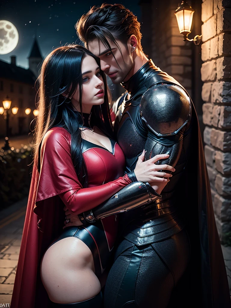 woman (((((satisfied, (([african:european:0.5] woman)), night, dark, full moon, green velvet evening gown, black red cape, vampire, (((handsome athletic male embracing woman))), black chrome armor:1.4, romance novel cover, medieval castle)), black lips, dark makeup))), posing, dynamic cinematic pose, at night, dark, feminine athletic detailed body and face, highly detailed expressive , space above head, depth of field, ultra realistic, Fujifilm, BREAK (long dark hair), (((8k, hyperrealistic)))