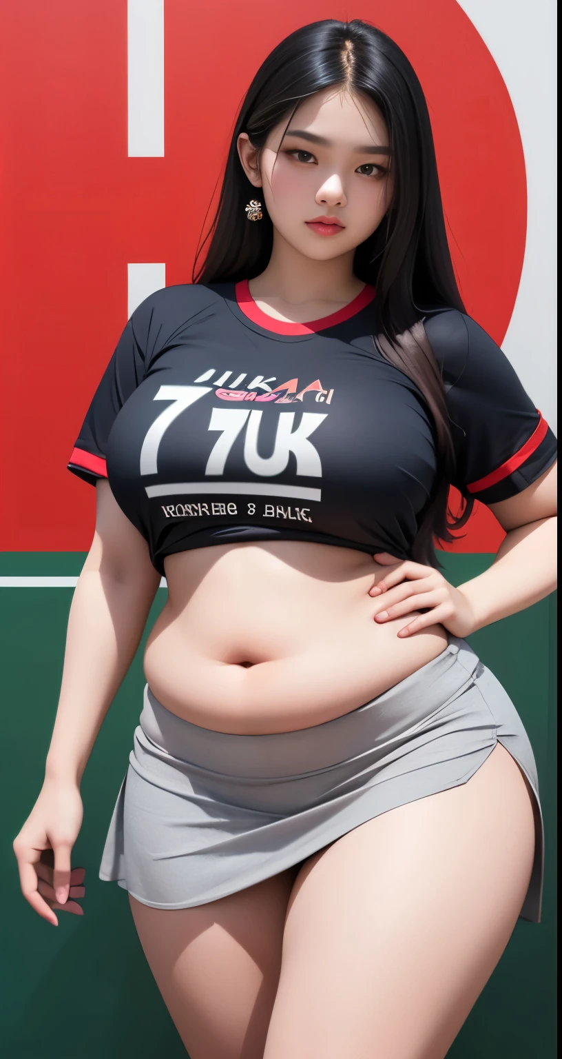 a beautiful yo Turki-Indonesia woman, baseball tshirt oversize ,short skirt, detailed, detail body and face., voluptuous body , thick thighs , fat belly , thick hips