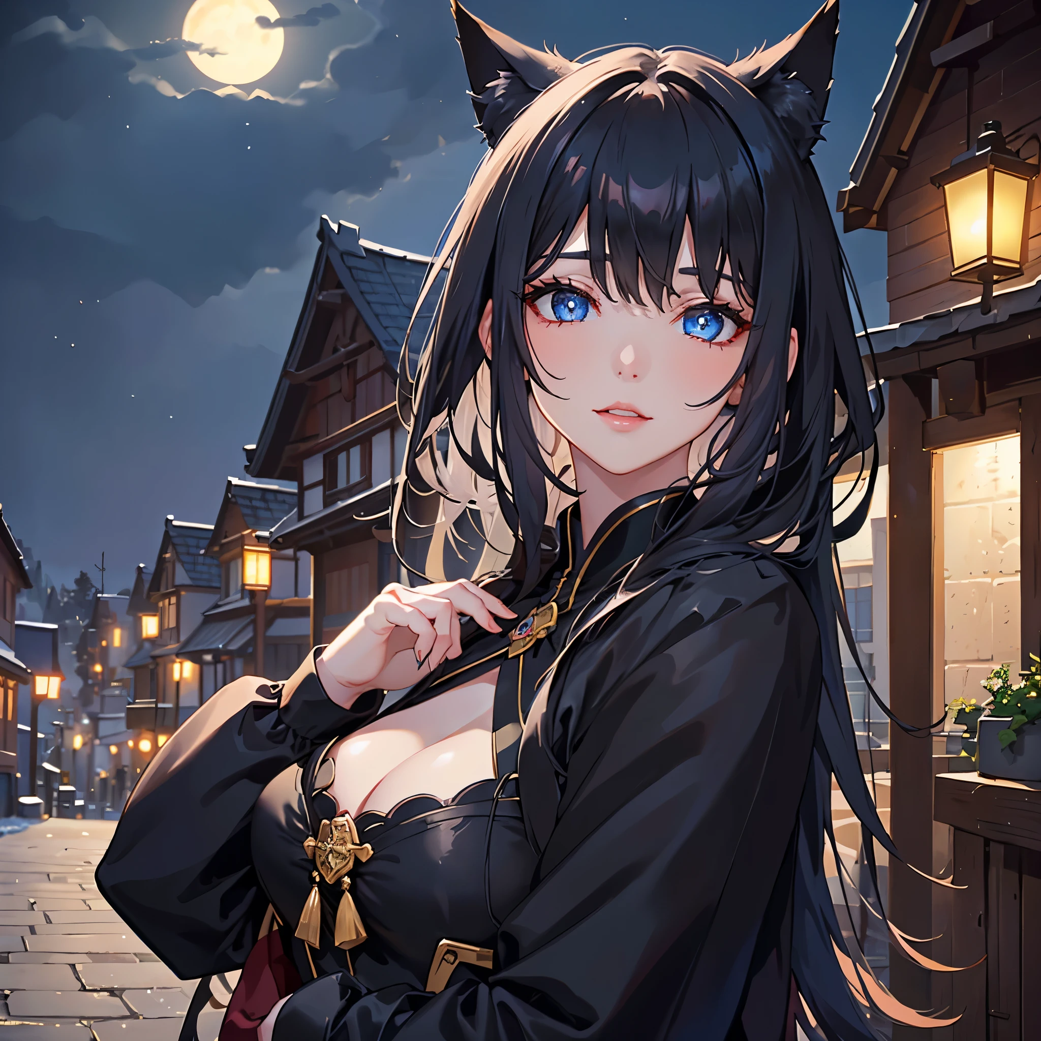 Beautiful girl with witch-like cat ears, beautiful blue eyes, long black hair, mysterious smile, ((the woman's face is beautifully detailed)), moonlight, black dress, black in a rural town at night in Japanese style Cart, black leather shoes)), ((highest quality)), ((high resolution 16k)), ((background is realistic and beautiful)), --Auto