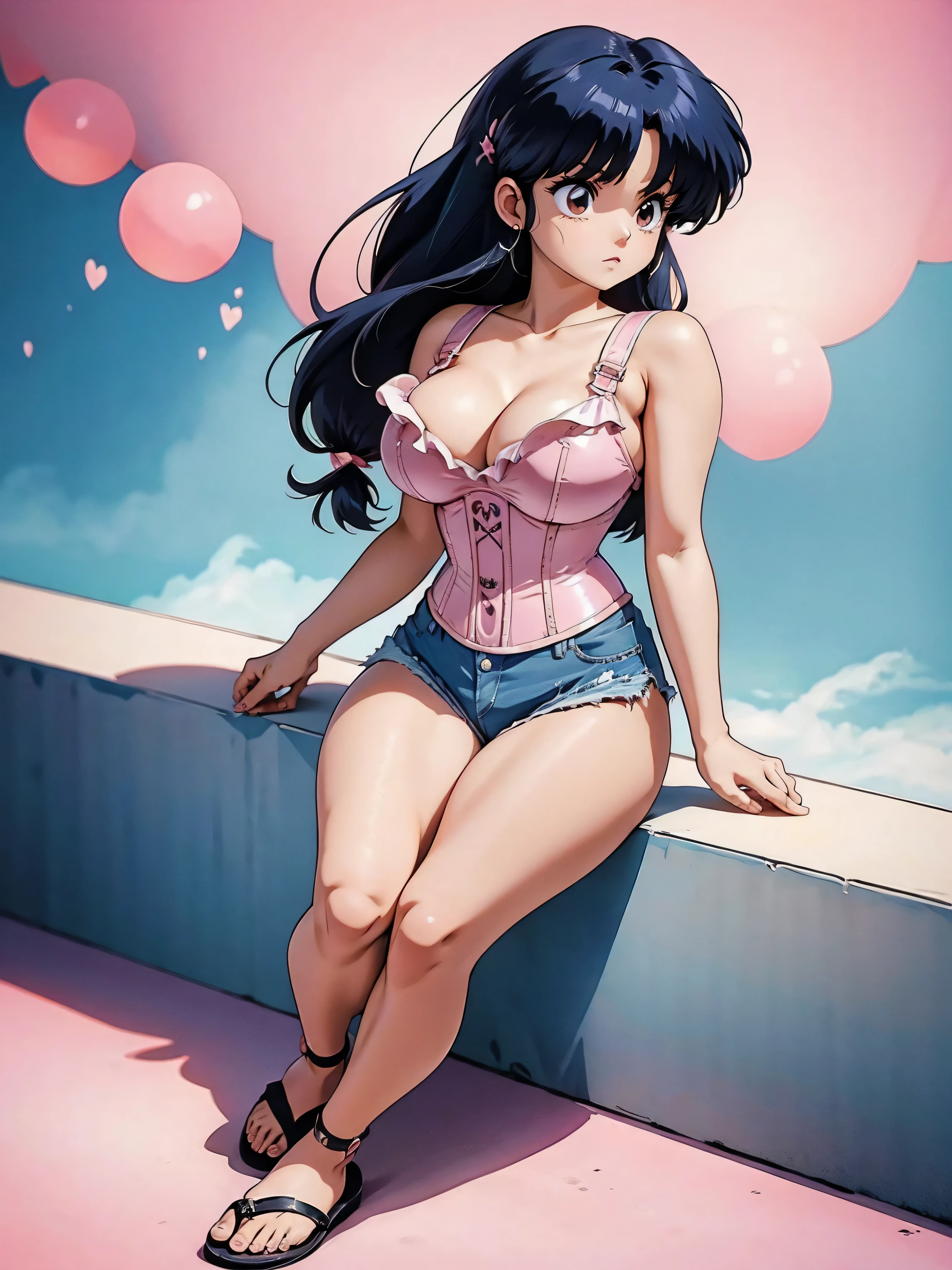 Anime girl with dark cabelo azulado in denim shorts and a pink corset, 16 anos, Corpo bonito, peito grandes, with hands on waist, hands in her hair, garota sexy, cabelo azulado, side locks of hair with pink bow, locks of hair with a bow on the side of the face, beautiful lighting, sombras suaves, olhos castanhos, pernas bonitas tonificadas, cabelo curto, estilo anime, hand on the waist, hand in hair, character Akane Tendo, Autor Rumiko Takahashi, Baseado em uma obra de Rumiko Takahashi, Anime Ranma 1 / 2, decote sexy, quadris robustos, Corpo todo, Corpo todo, Grande busto, young girl with nice and Corpo bonito, sandals nos pés,  de 16 anos, vestindo shorts jeans e espartilho rosa,  anime, estilo anime, lindos pés em sandals, 45° viewing angle, ao ar livre, peito grande, Seios lindos, cabelo preto, sandals nos pés, lindas pernas, sexy, lindas pernas, sandals, peito grandes, Corpo todo, Corpo todo, pés com sandals, Grande busto