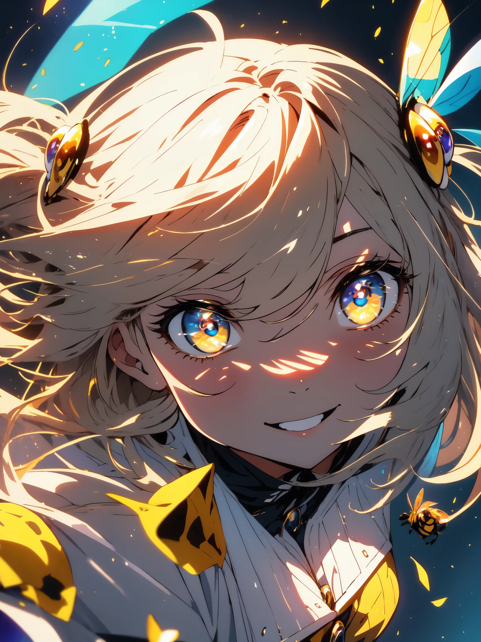 ((highest quality、masterpiece、shining eyes、detailed))、1 cute girl、beautiful face、smile、play with honey、A cute bee is flying in the background、pop background、beautiful anime