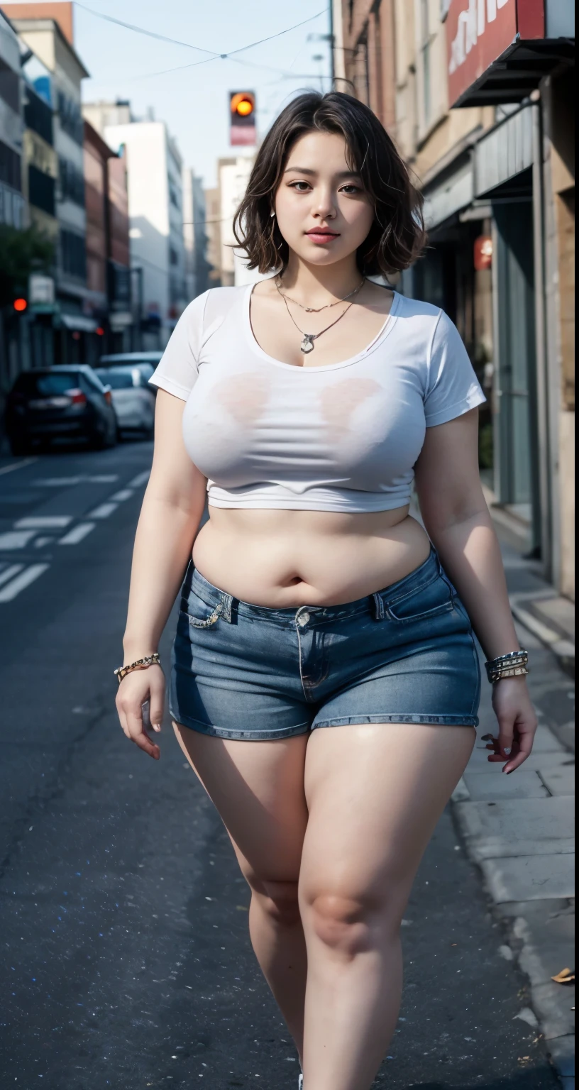 ((best quality)), ((masterpiece)), (detailed), perfect face, araffe woman in a long dark-blue shirt and blue denim skirt walking down a street, thicc,  wavy  short hair , she has a jiggly fat round belly, bbwchan, wearing tight simple clothes, skinny waist and thick hips, widest hips, her belly is fat and round, soft curvy shape, hyperrealistic full figure, wearing a cute top, wide hips, wearing 10 bracelet , wearing huge diamond necklace 