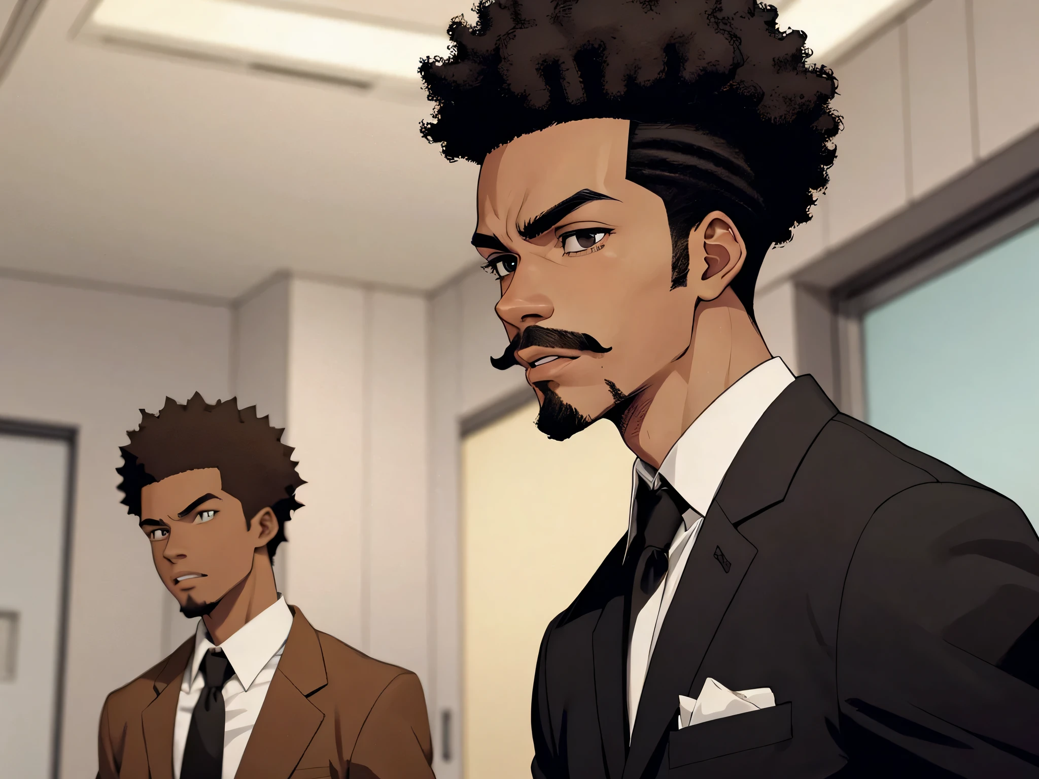 boondocks character ,A 19-year-old Brazilian ager, brown, short black taper fade hair, very curly afro hair, tall and thin, wearing a school uniform, with low taper fade hairstyle, with a goatee and mustache combo
