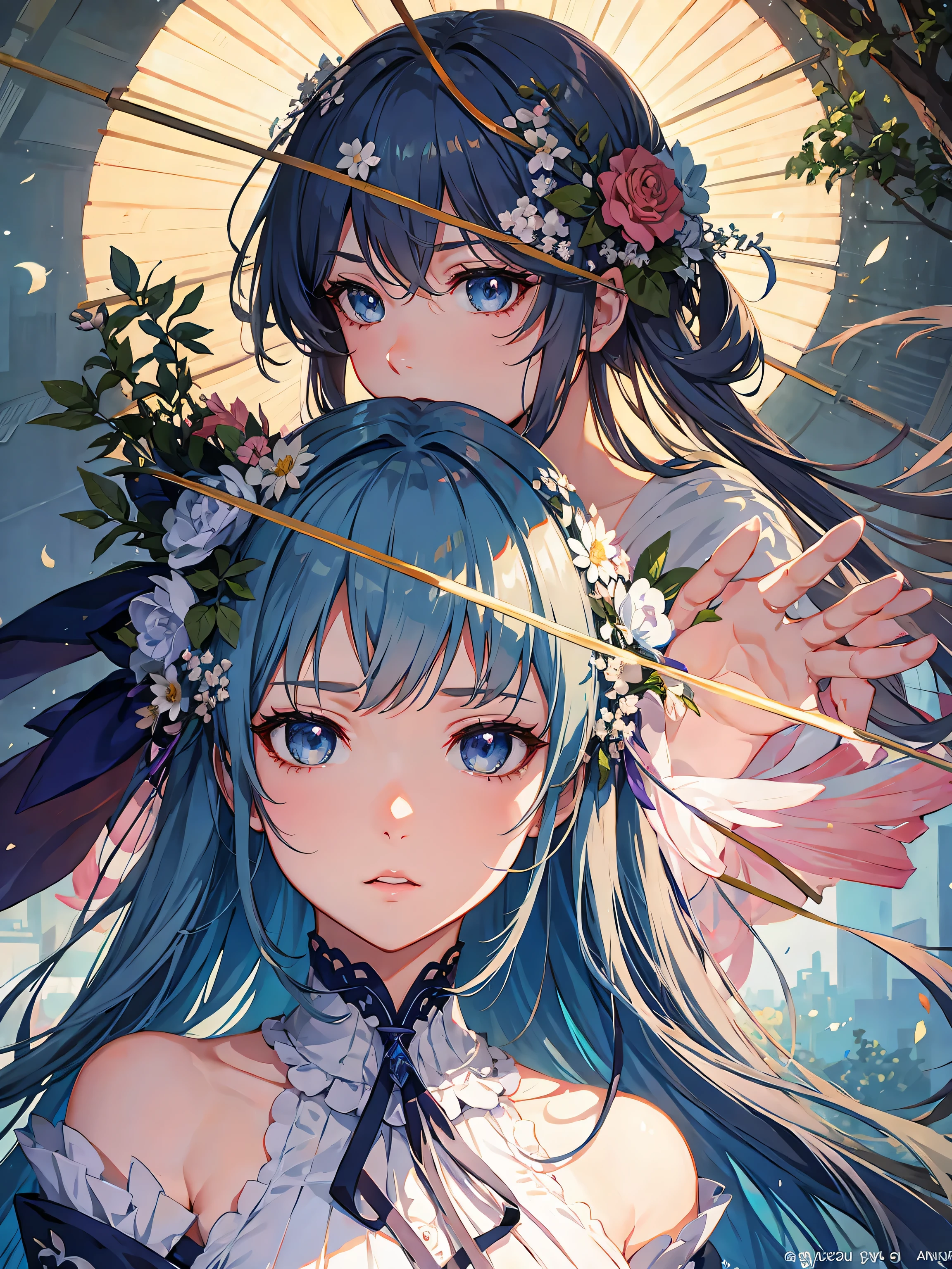 anime girl with umbrella and flowers in her hair, guweiz, detailed anime artwork, clean detailed anime art, detailed digital anime art, detailed anime art, beautiful anime portrait, beautiful anime girl, beautiful anime artwork, artwork in the style of guweiz, beautiful anime art, beautiful anime style, detailed portrait of anime girl, anime girl, beautiful anime, anime illustration