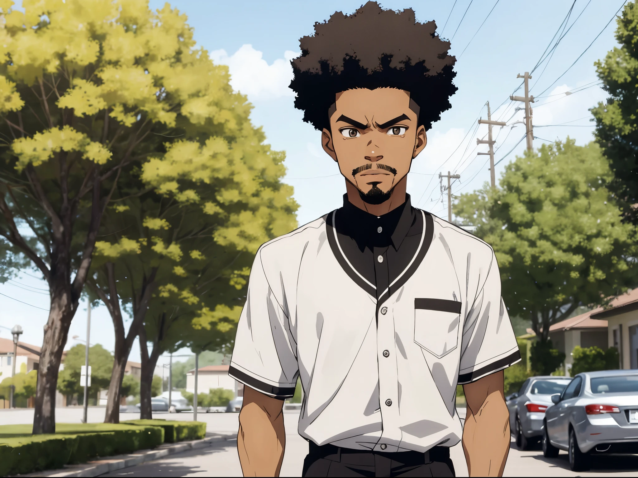 boondocks character ,A 19-year-old Brazilian teenager, brown, short black taper fade hair, very curly afro hair, tall and thin, wearing a school uniform, with low taper fade hairstyle, with a goatee and mustache combo